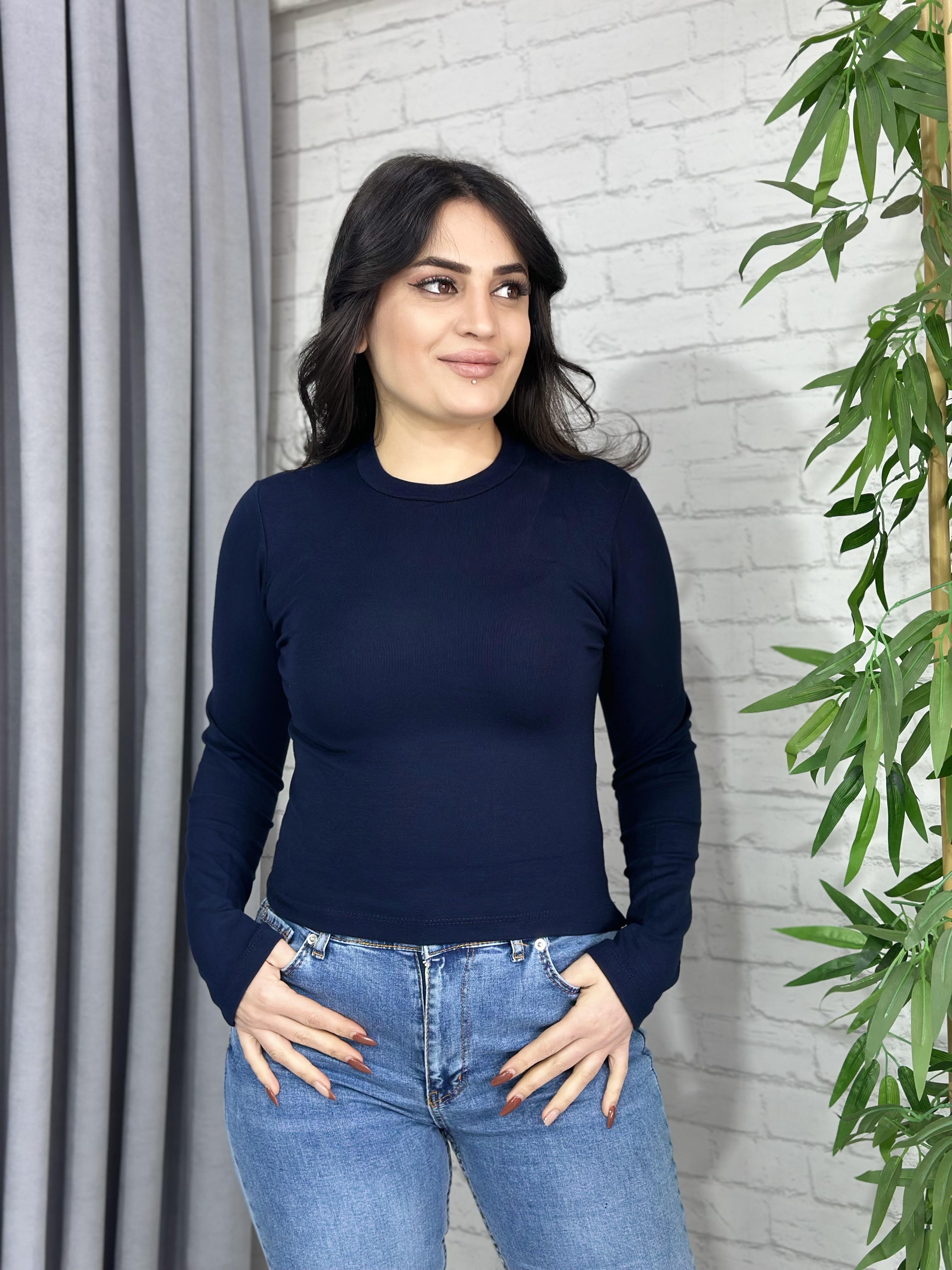 Lacivert isiklet Yaka Modal Kumaş Uzun Kol Basic Orijinal Tshirt A006
