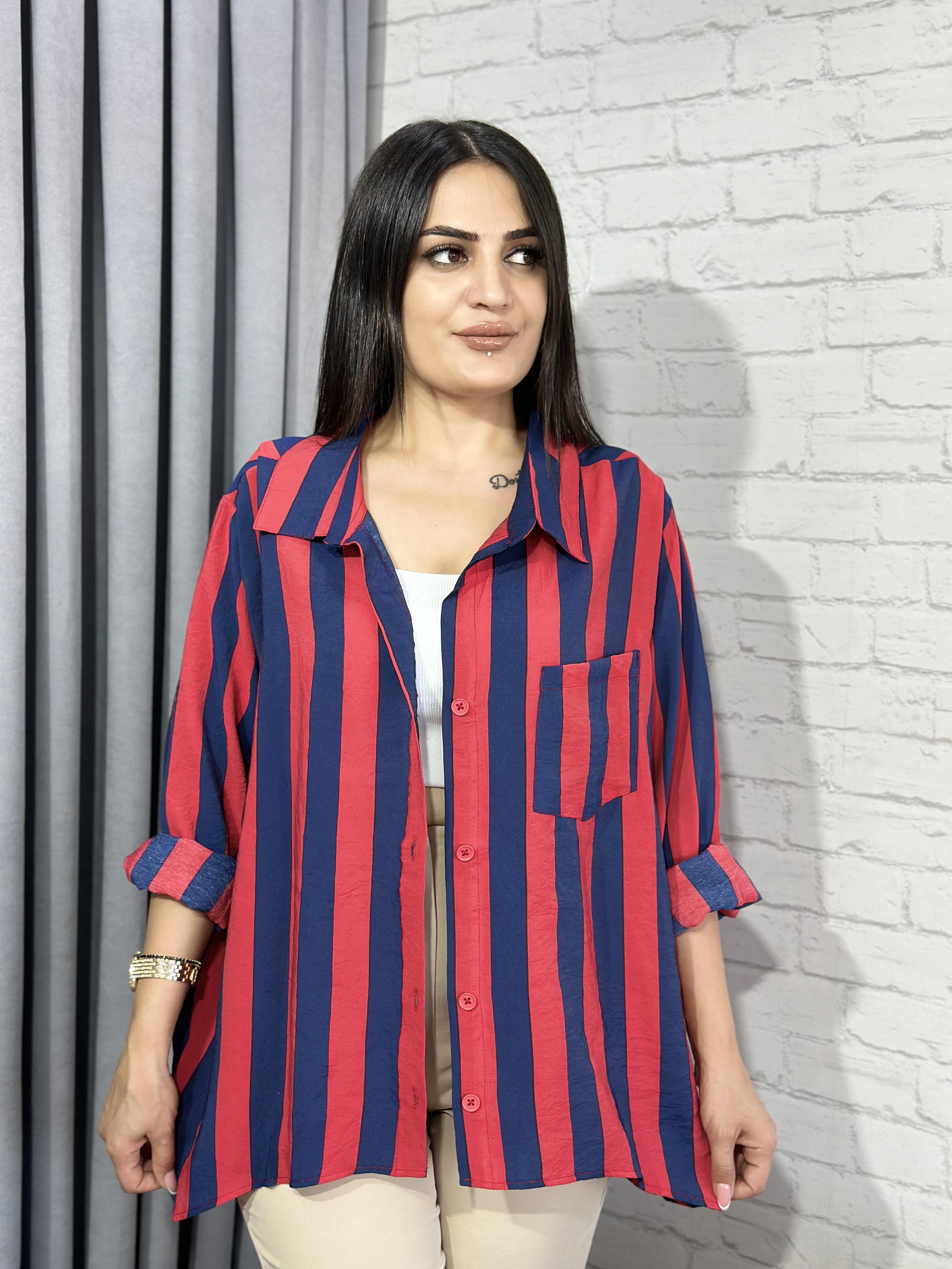 Lacivert Kırmızı Cepli Bambu Pamuk Kumaş Oversize Gömlek 