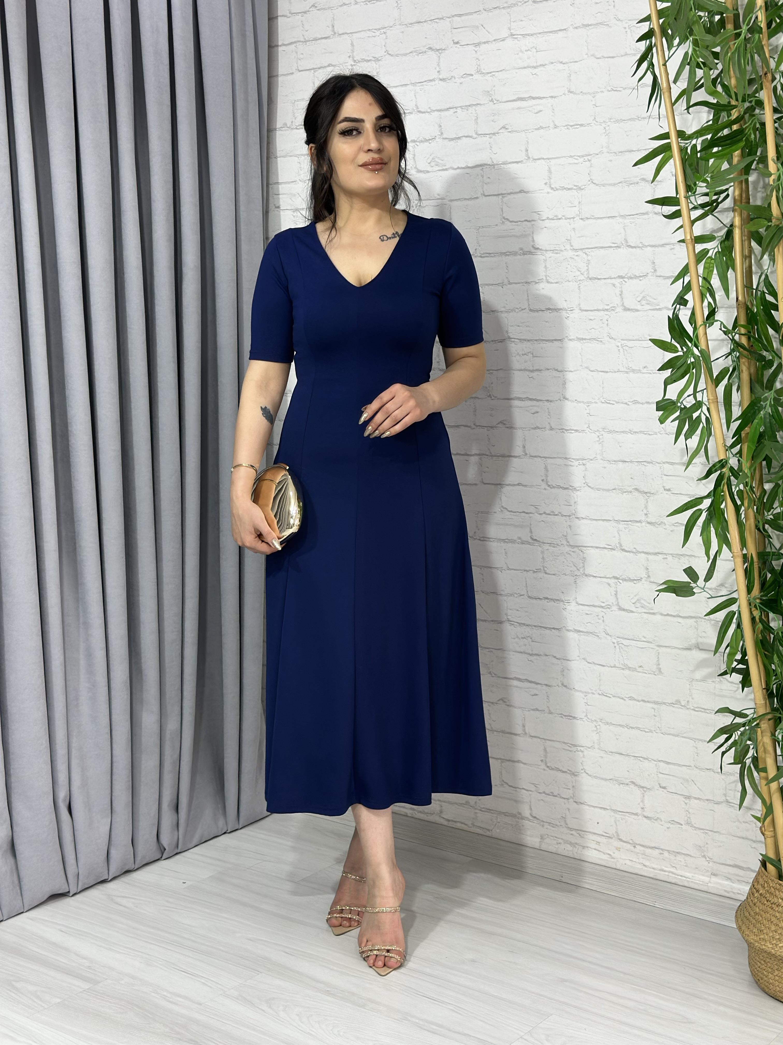 Lacivert  Kısa Kol V Yaka Modal Kumaş Maksi Elbise A207