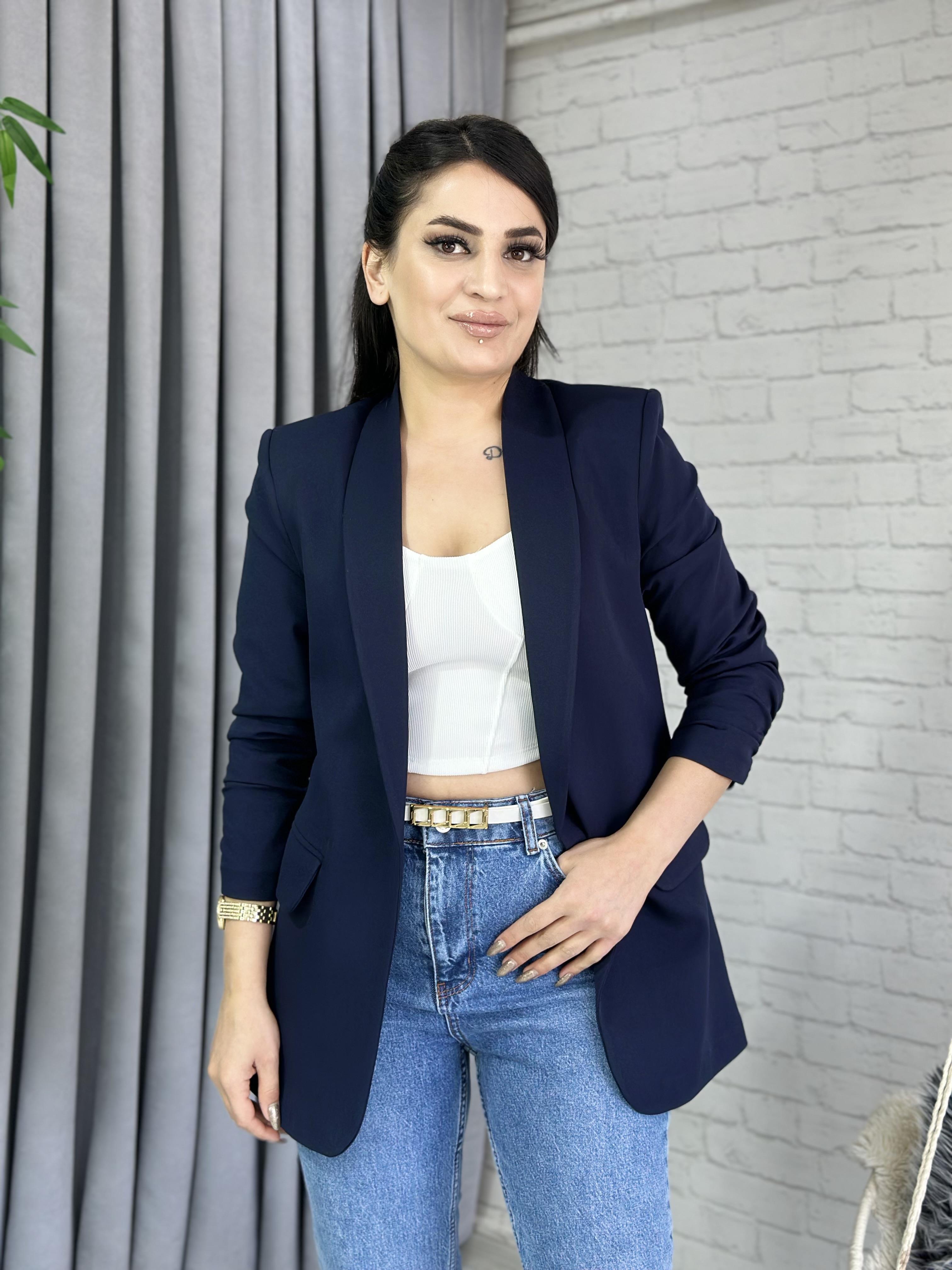 Lacivert Kolu Büzgülü Astarlı Atlas Kumaş Ceket  A099