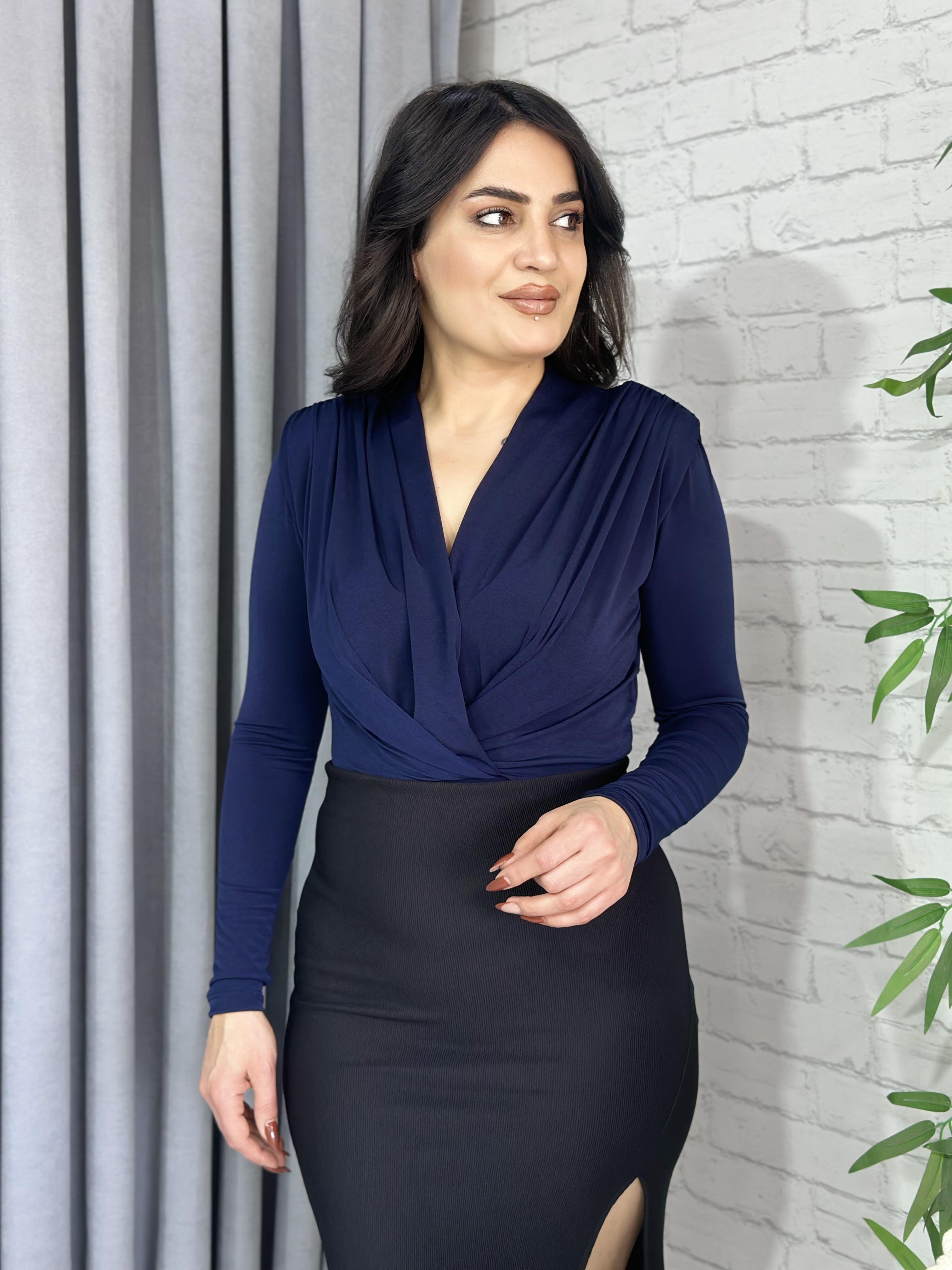 Lacivert Kruvaze Yaka Vatkalı Bodysuit A452