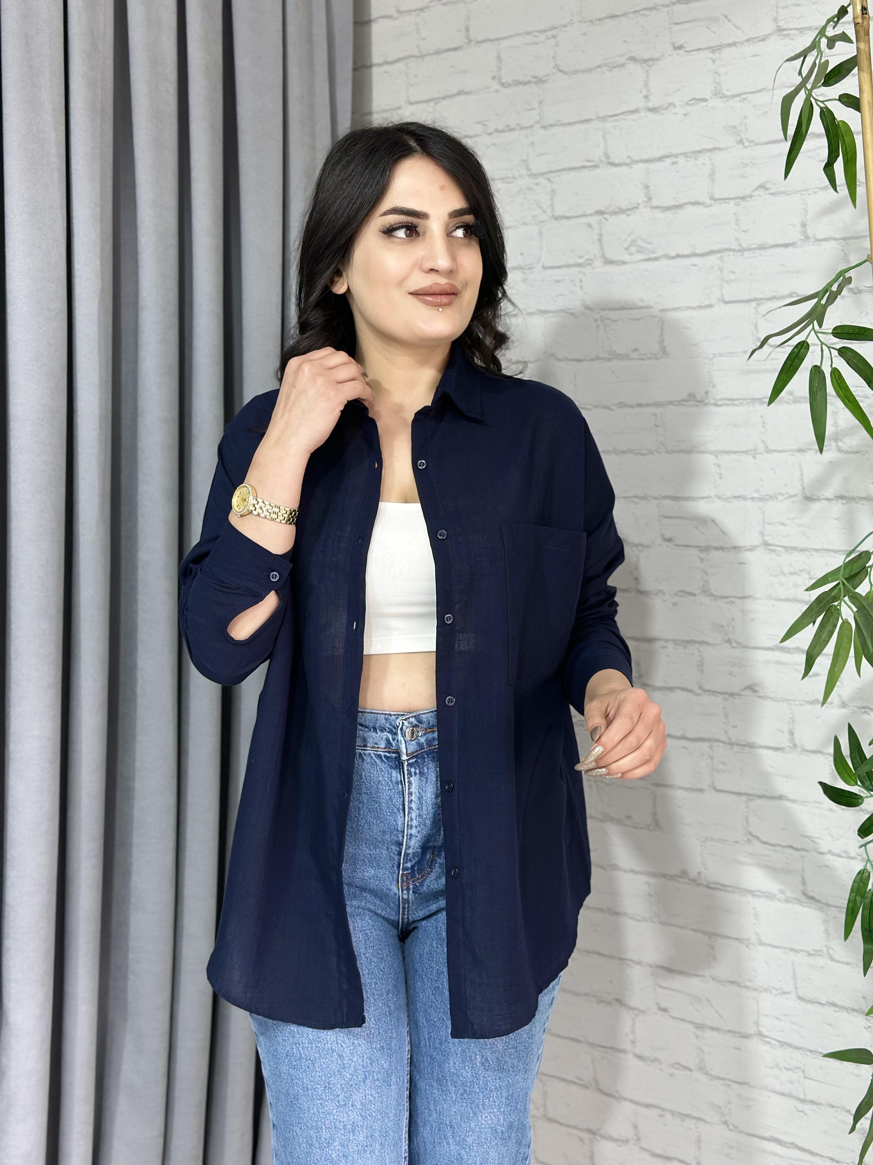 Lacivert Oversize Cepli Keten Gömlek A093