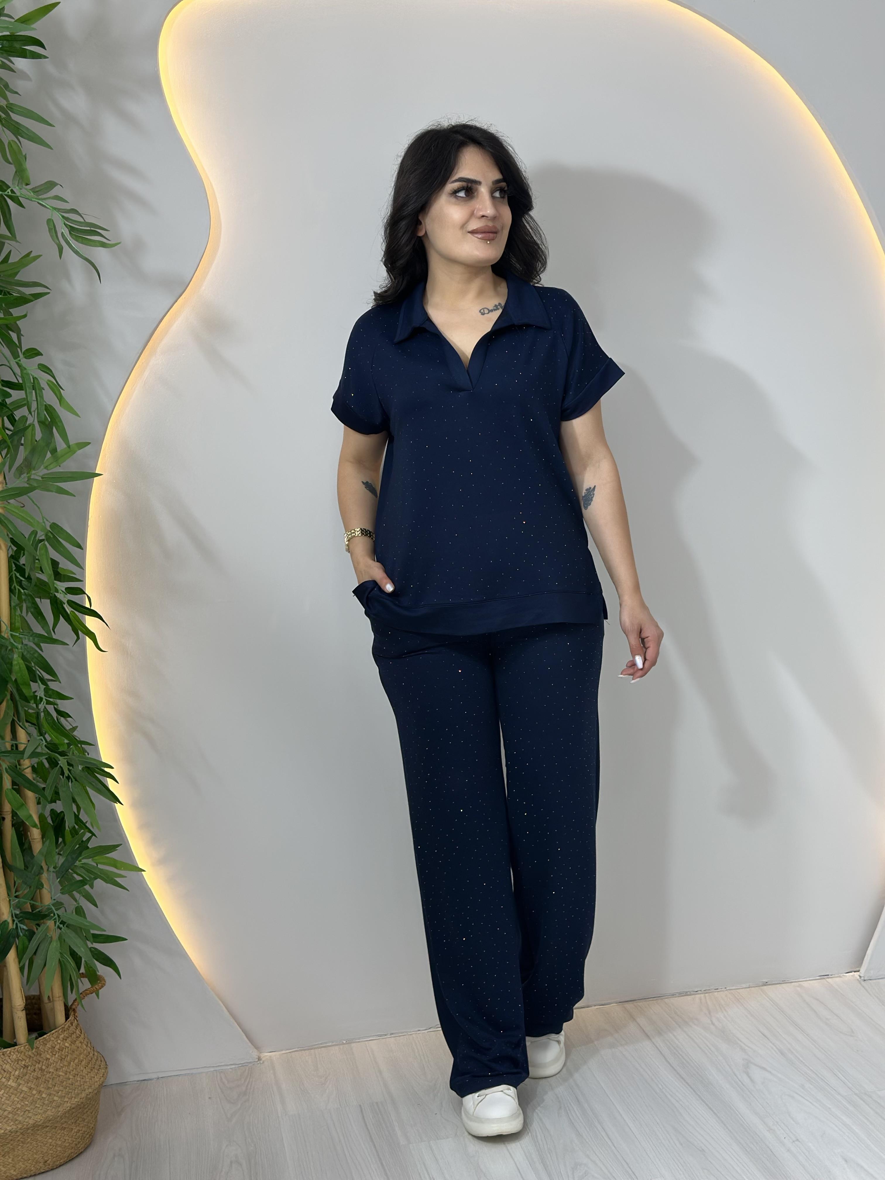 Lacivert  Polo Yaka Modal Kumaş Taşlı Bol Paça İkili Takım A084