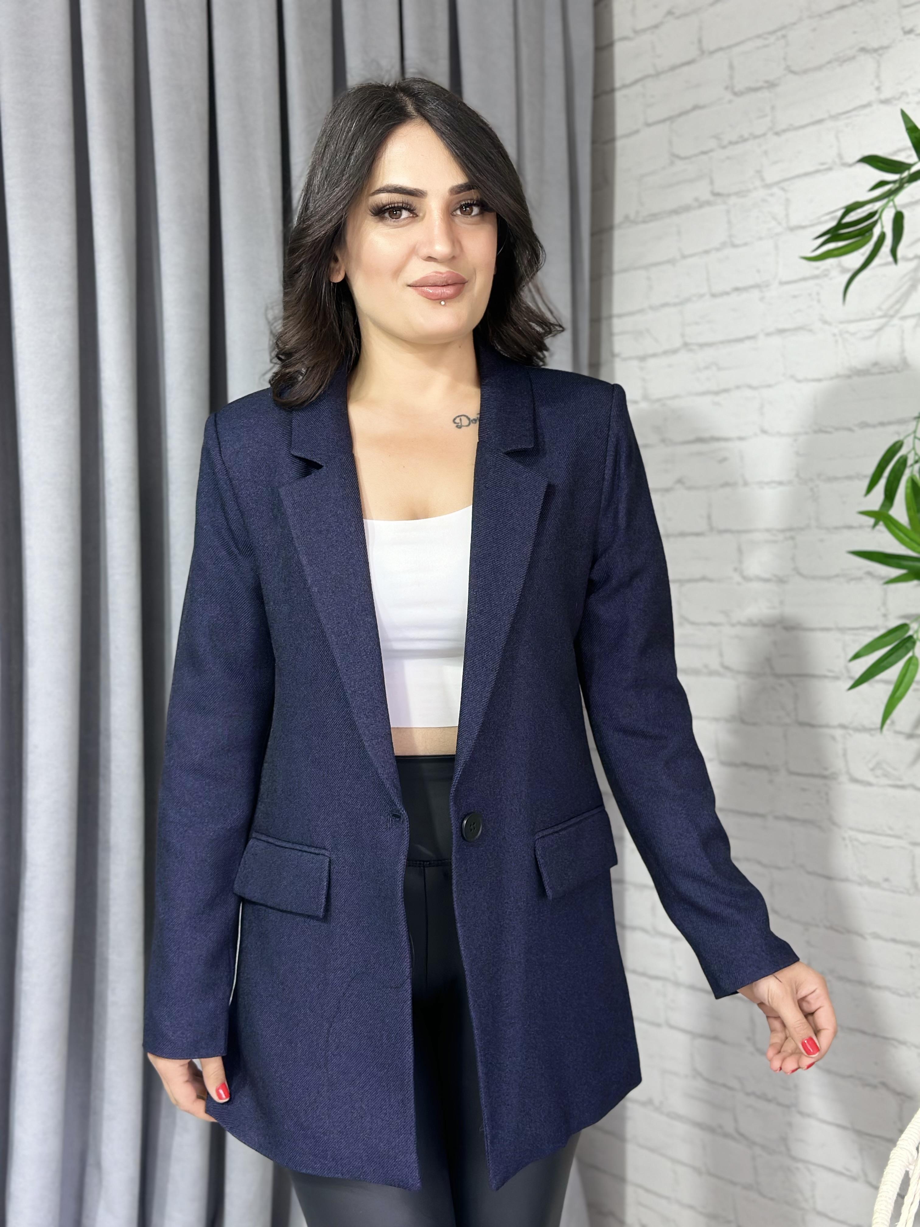 Lacivert Tek Düğme Yün Efekt Ceket