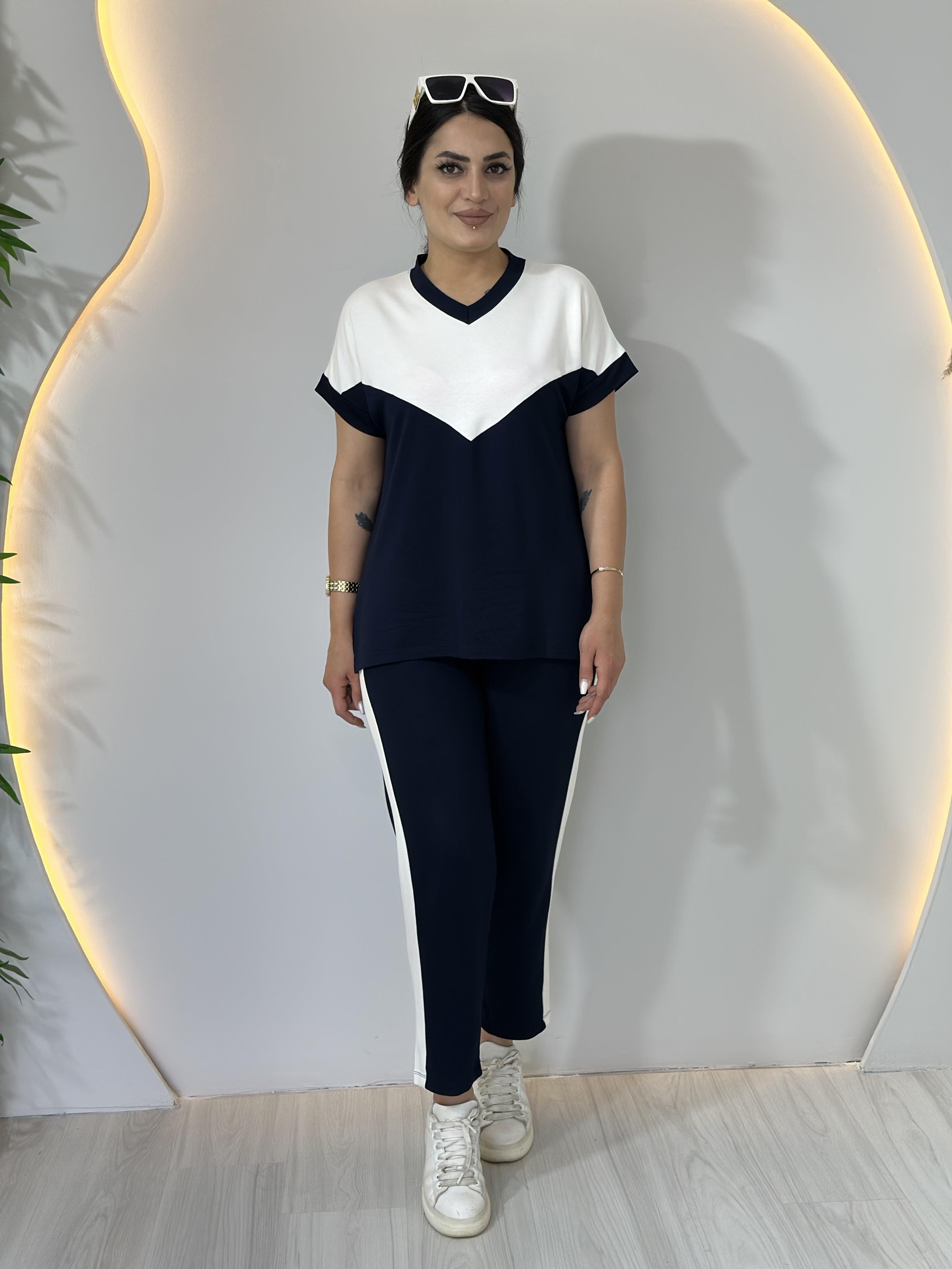 Lacivert V Yaka Modal Şerit Detay İkili Takım  A024