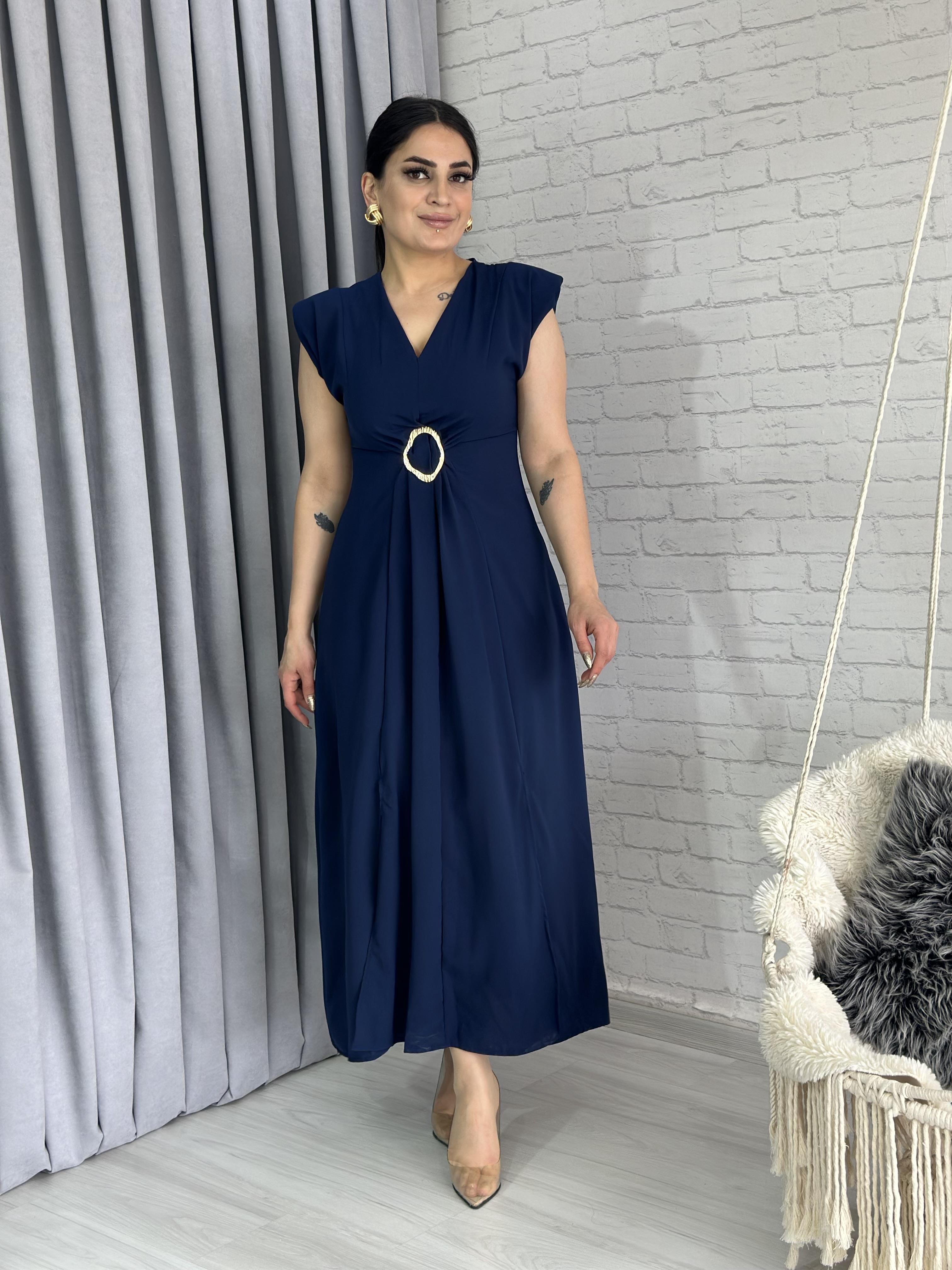 Lacivert V Yaka Vatkalı Gold Tokalı Fermuarlı Yırtmaçlı Elbise A011