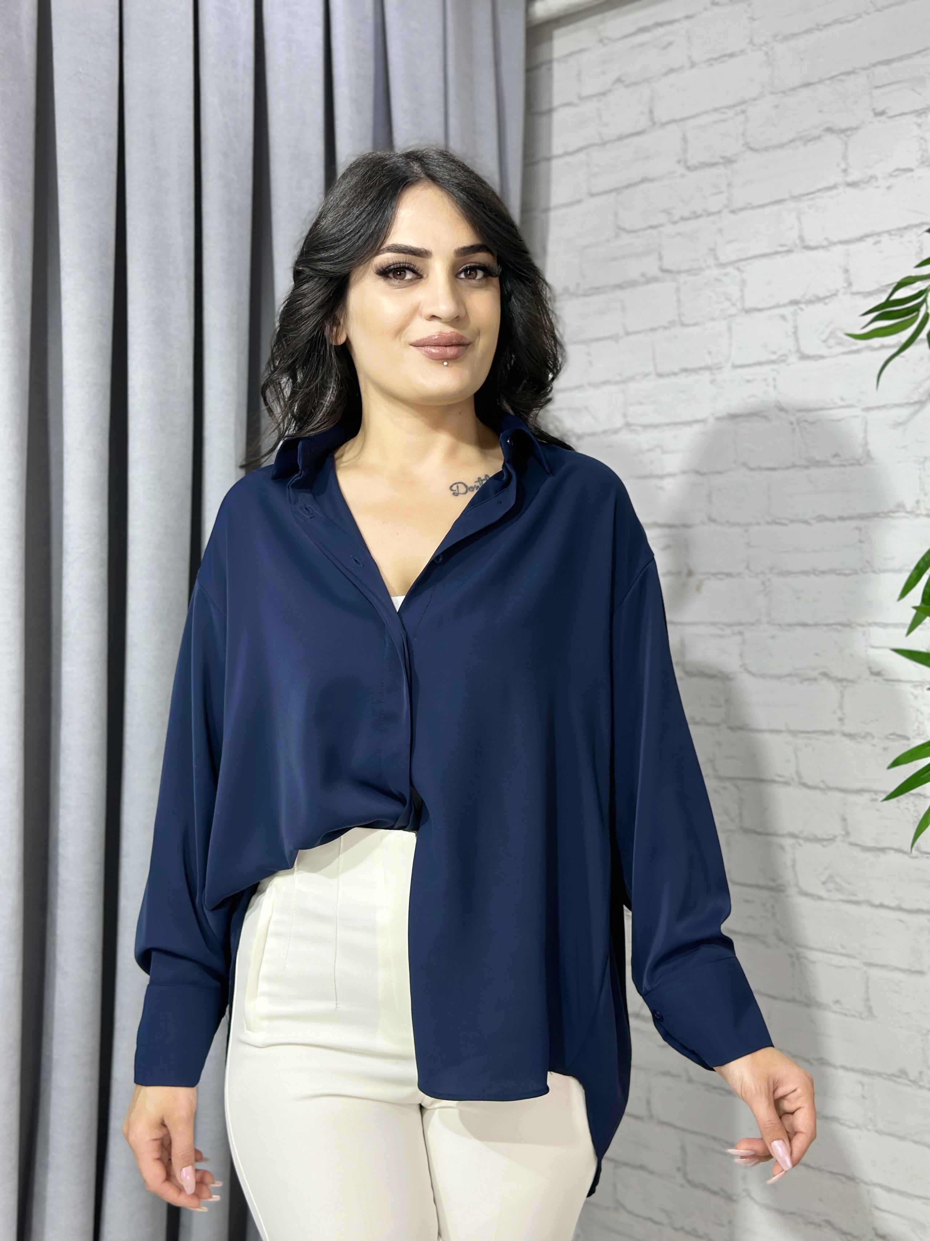 Lacivert Yarasa Kol Pamuk Saten Gömlek