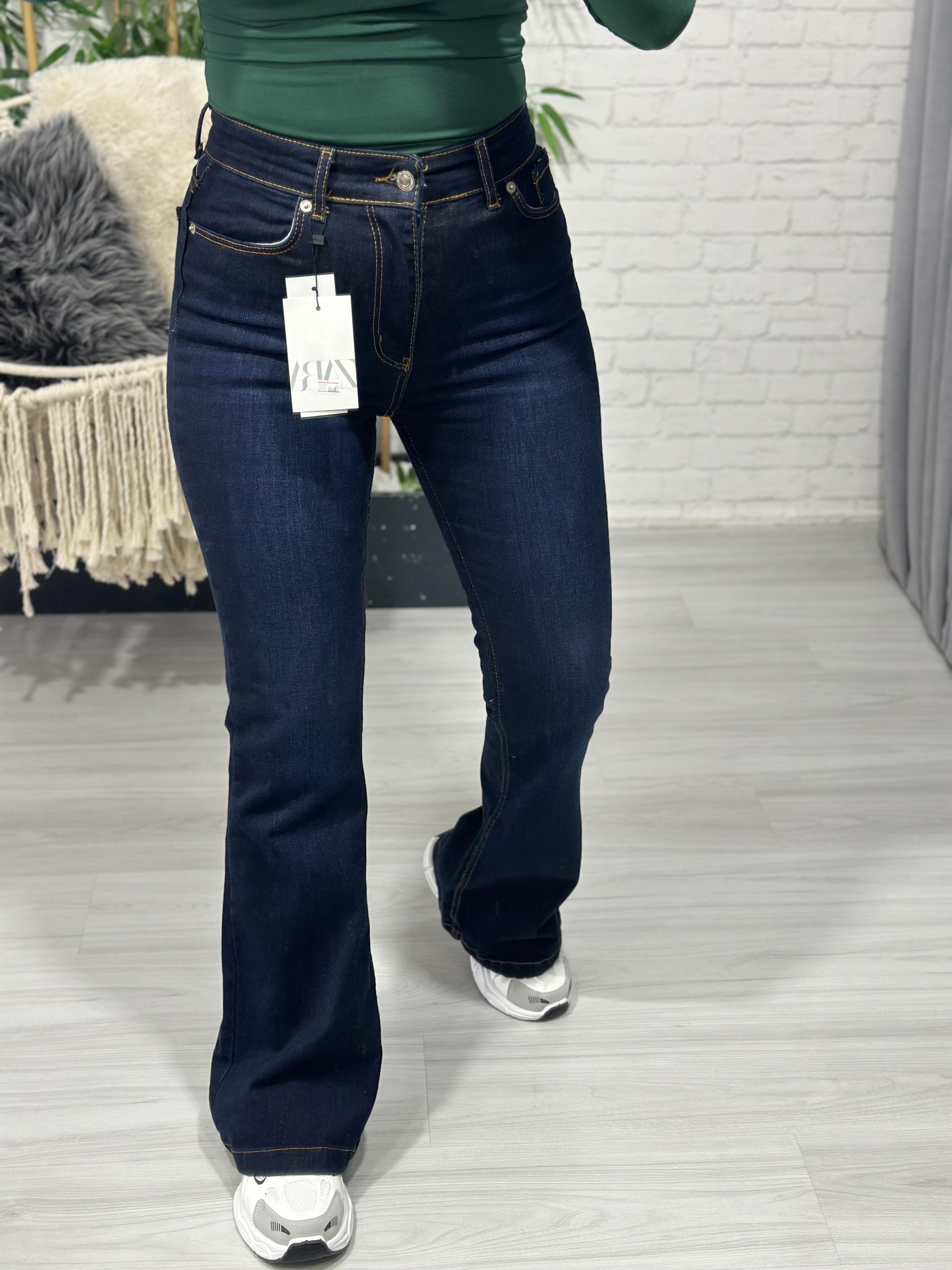 Lacivert Yüksek Bel İspanyol Paça Jean Pantolon