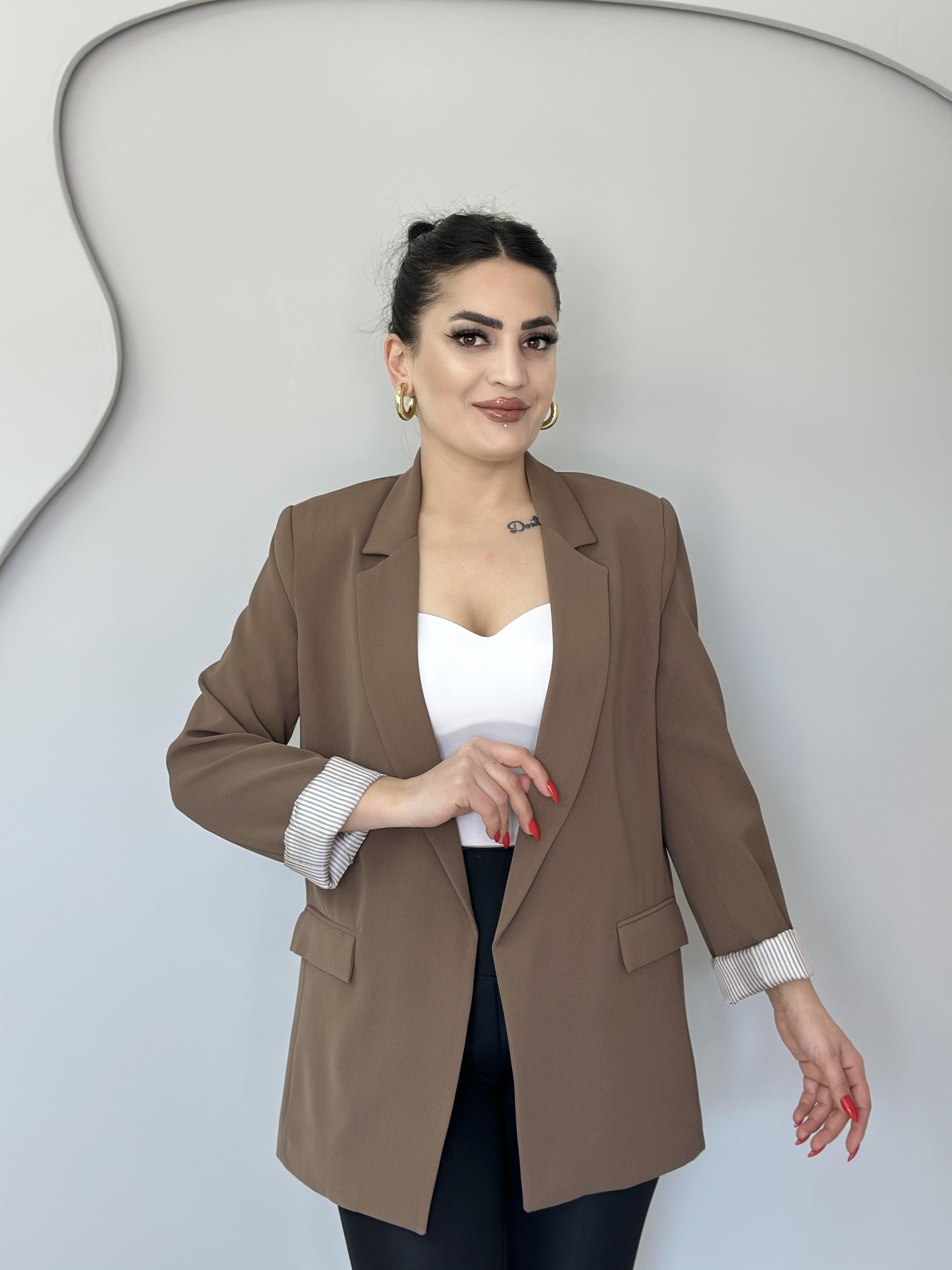 Landi Haki Çizgili Astarlı Blazer Ceket C7561