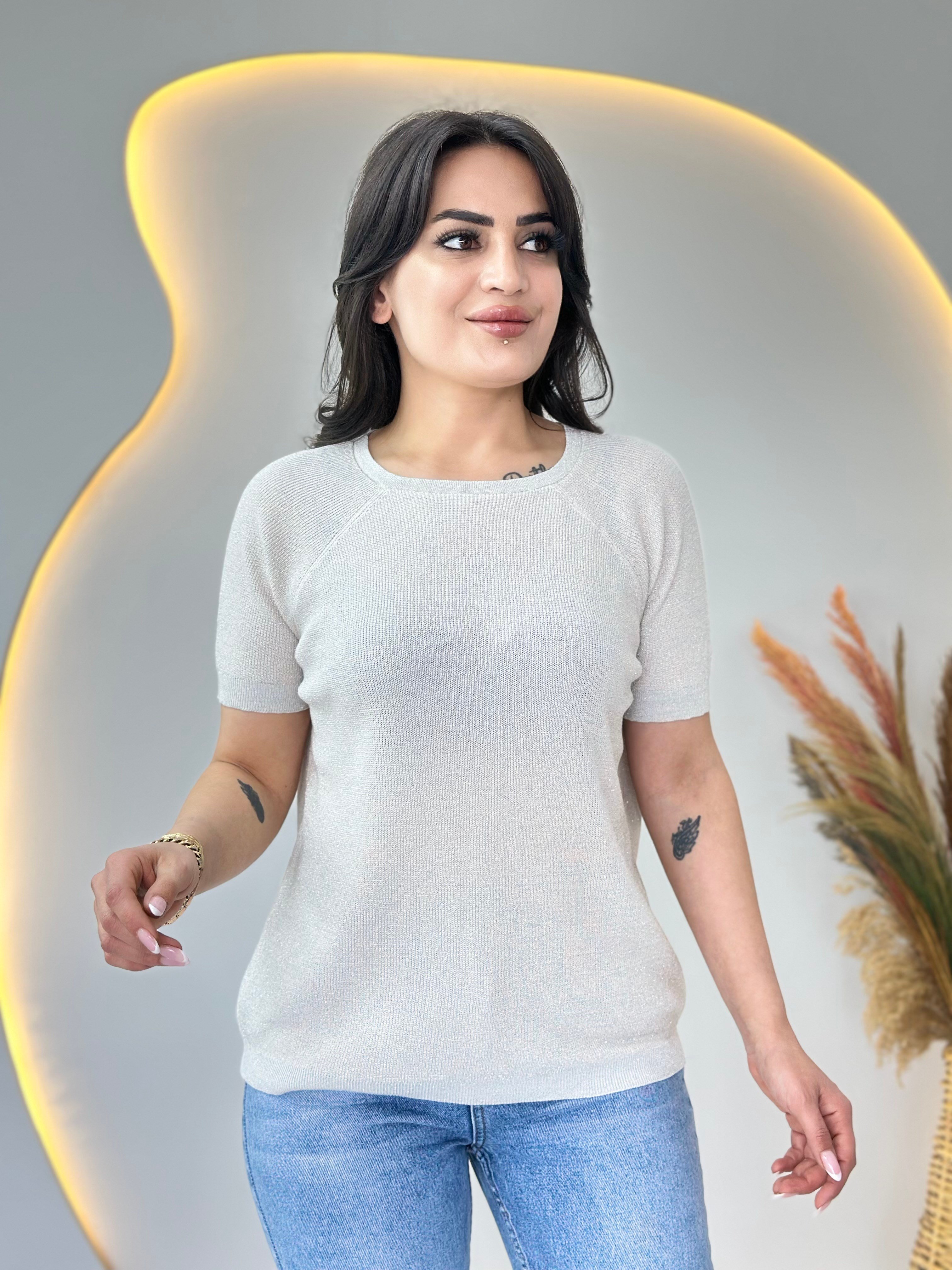 Lanze Beyaz Bisiklet Yaka Simli Selanik Örme Triko Bluz D110