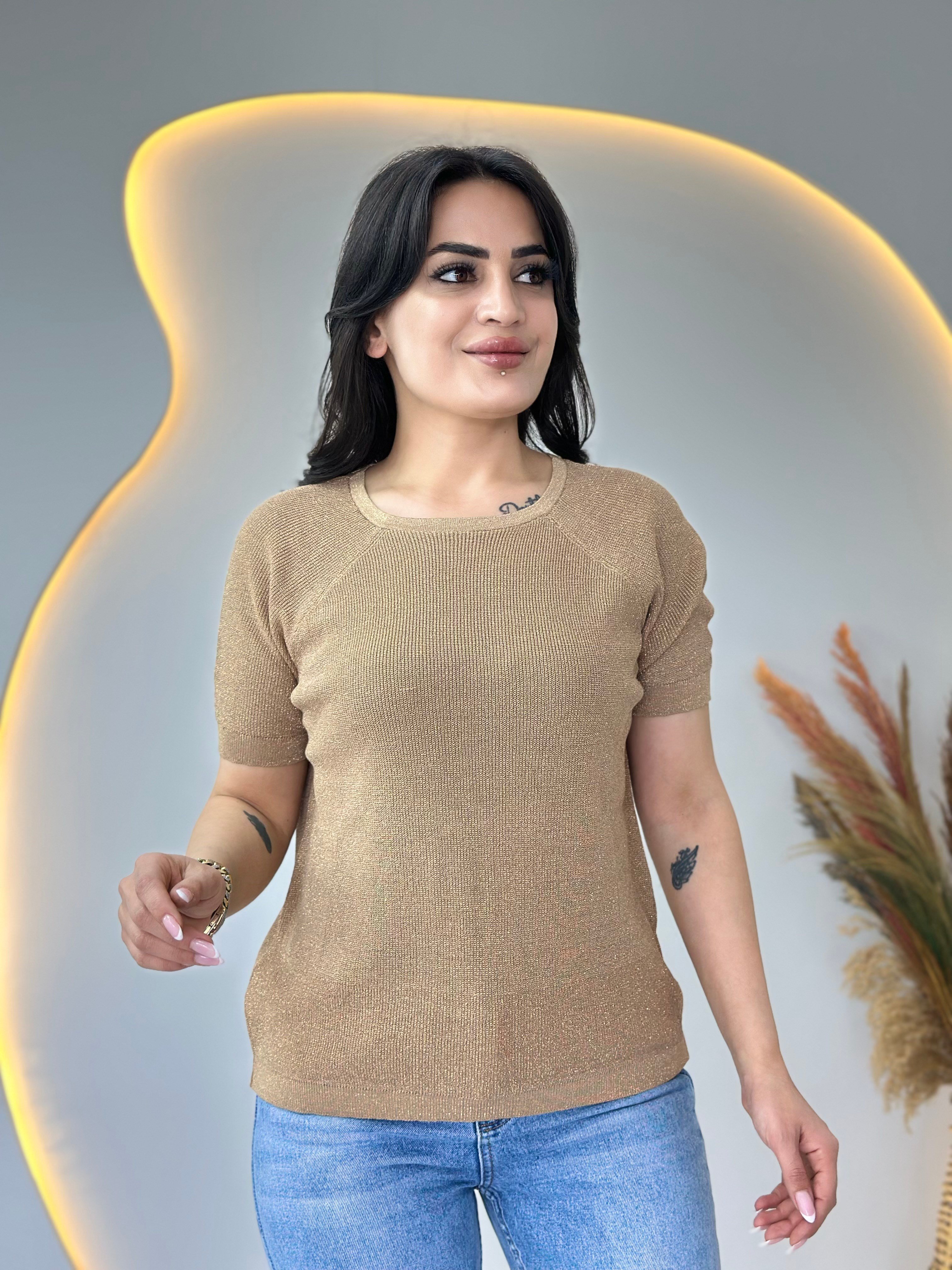 Lanze Camel Bisiklet Yaka Simli Selanik Örme Triko Bluz D110