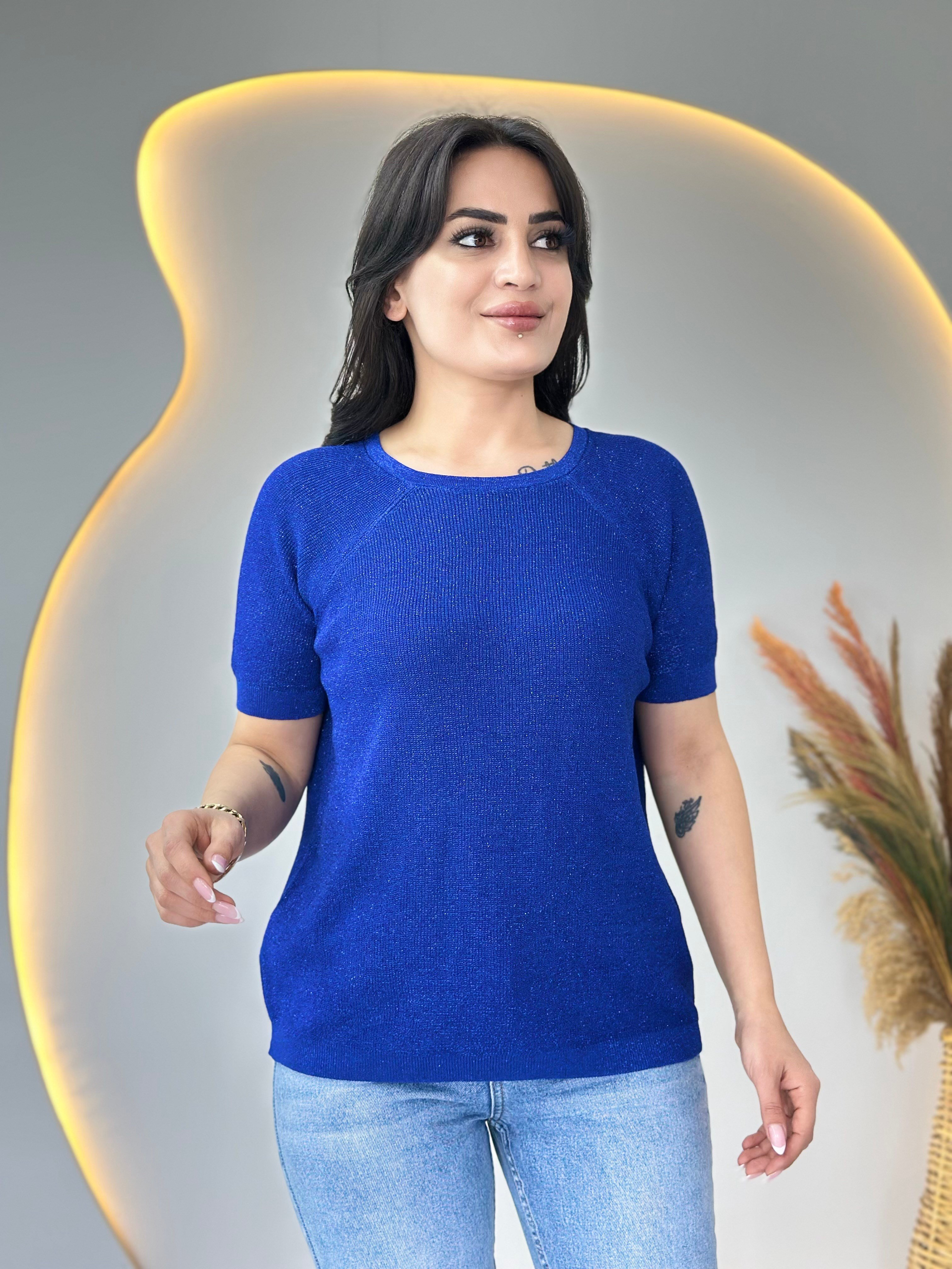 Lanze Saks Mavi Bisiklet Yaka Simli Selanik Örme Triko Bluz D110