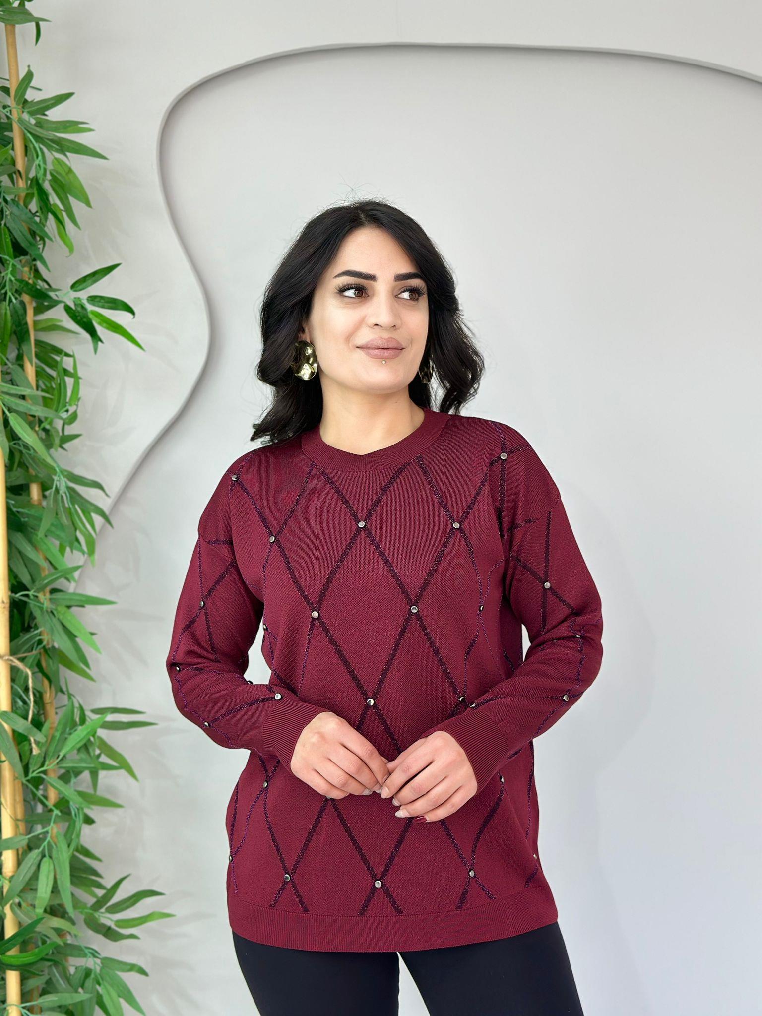 Lava Bordo Baklava Desenli Taşlı Triko Bluz A067