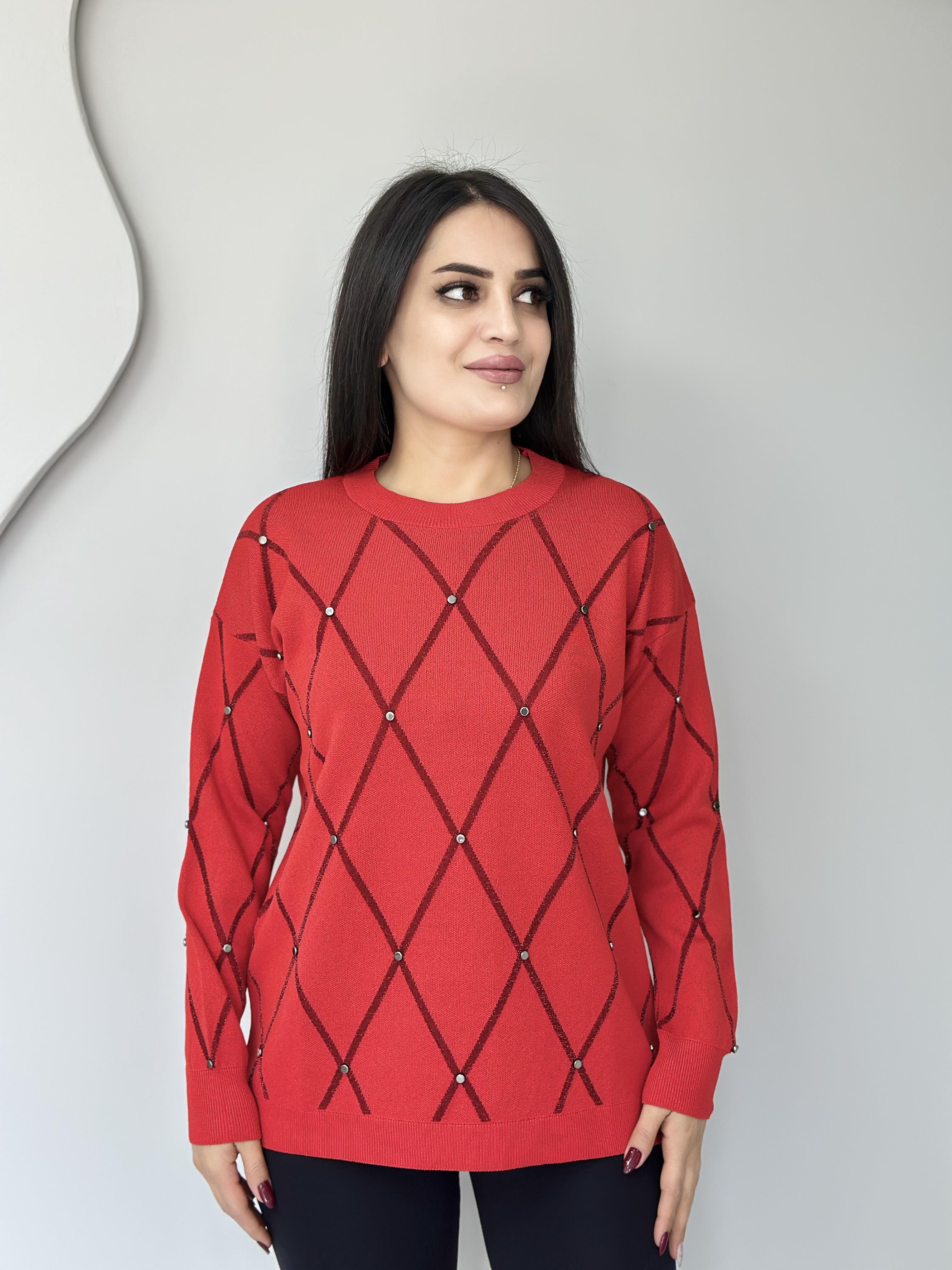 Lava Kırmızı Baklava Desenli Taşlı Triko Bluz A064