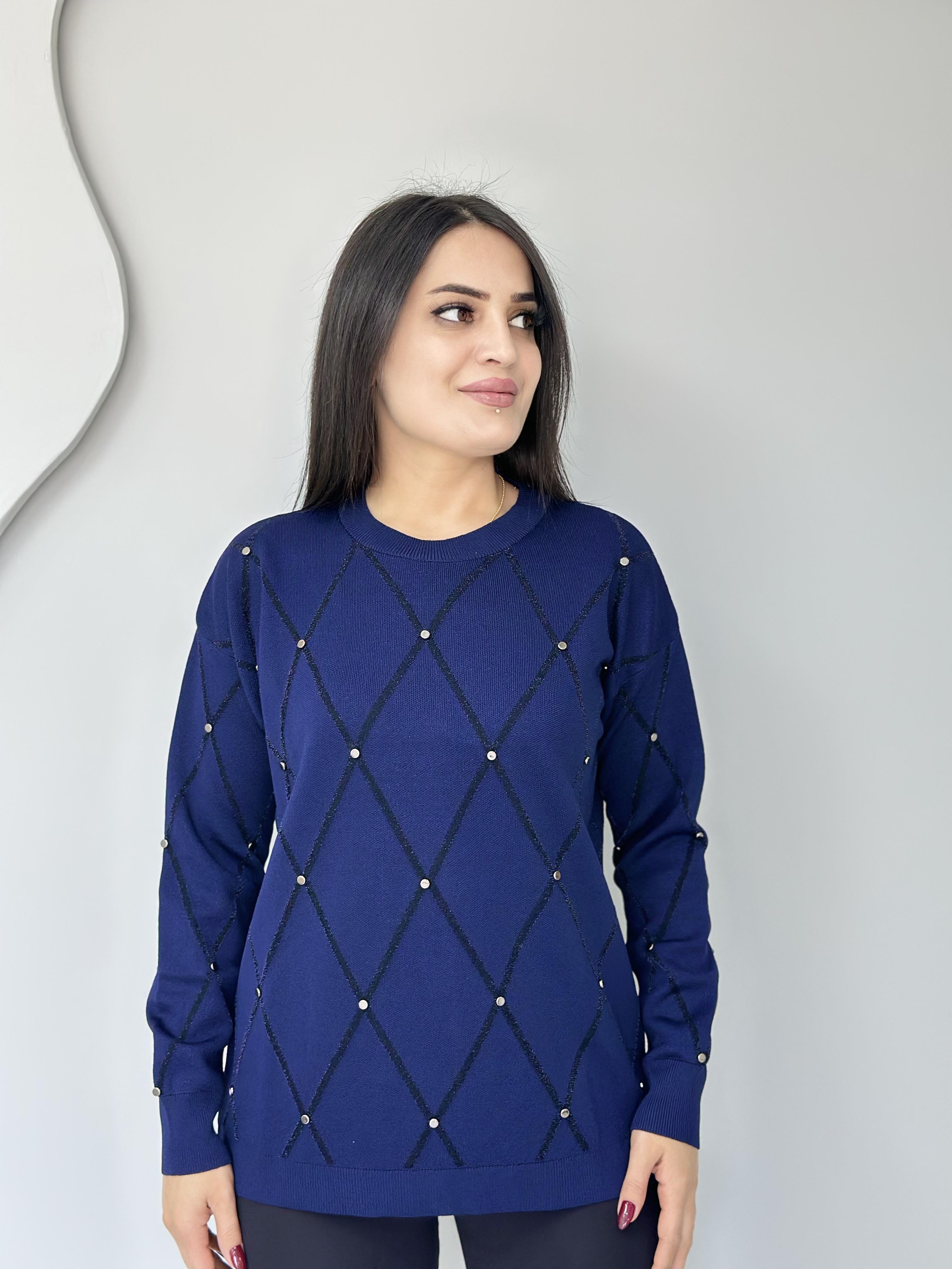 Lava Lacivert Baklava Desenli Taşlı Triko Bluz  A065