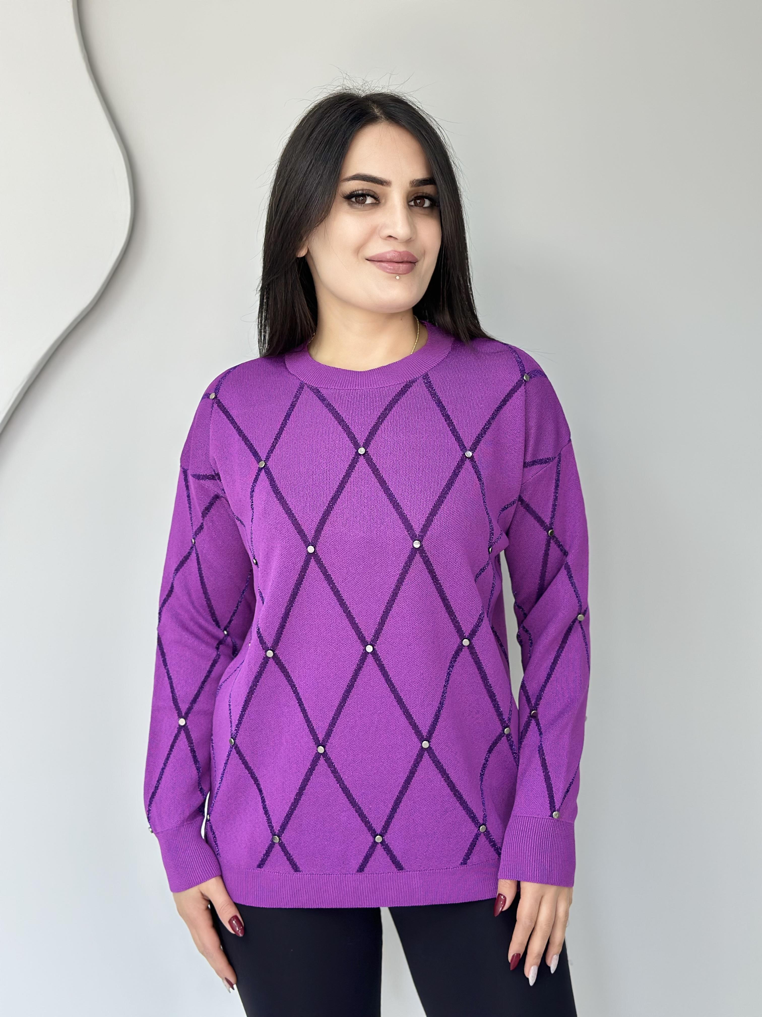 Lava Mor Baklava Desenli Taşlı Triko Bluz A062