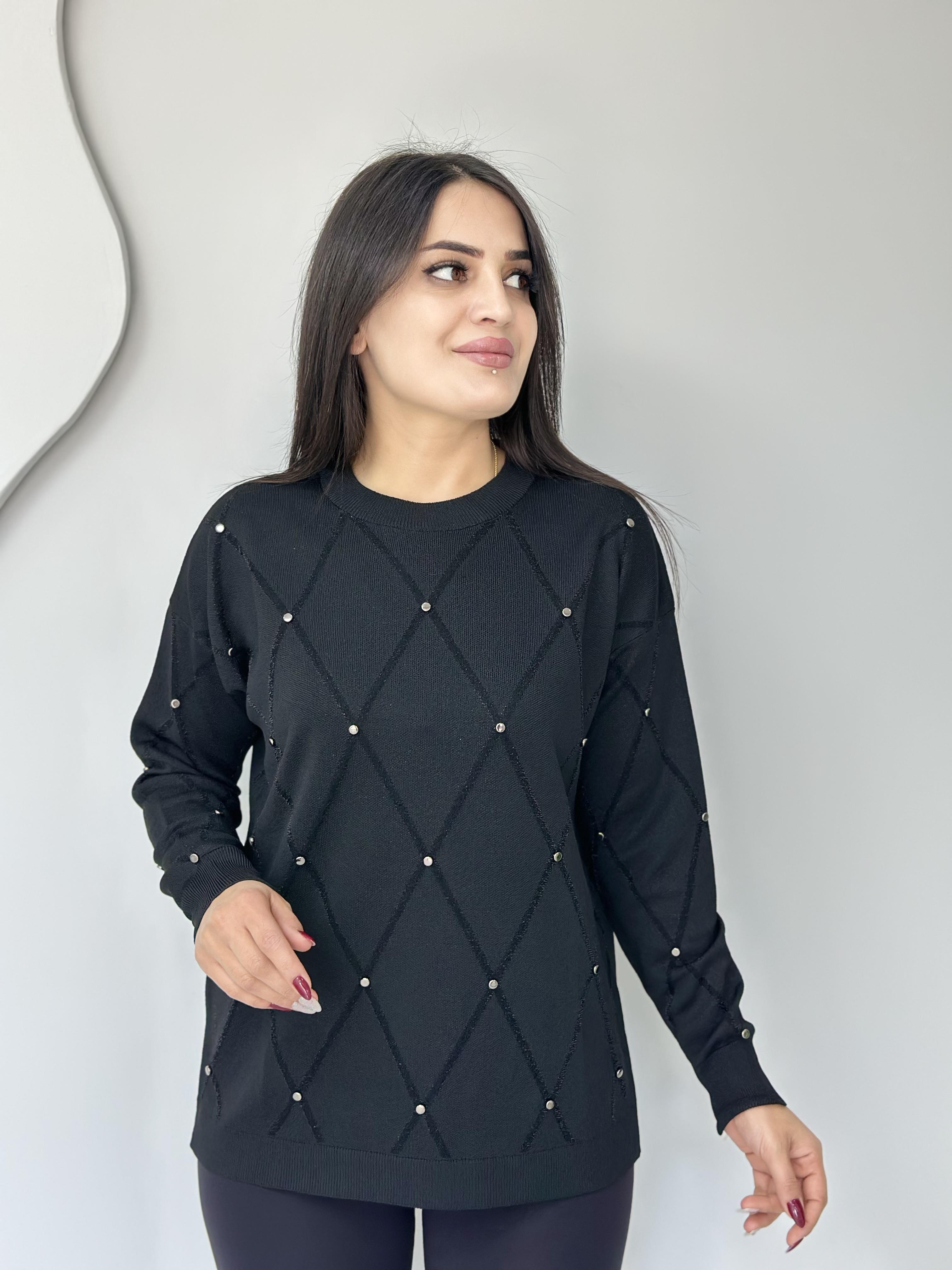 Lava Siyah Baklava Desenli Taşlı Triko Bluz A063