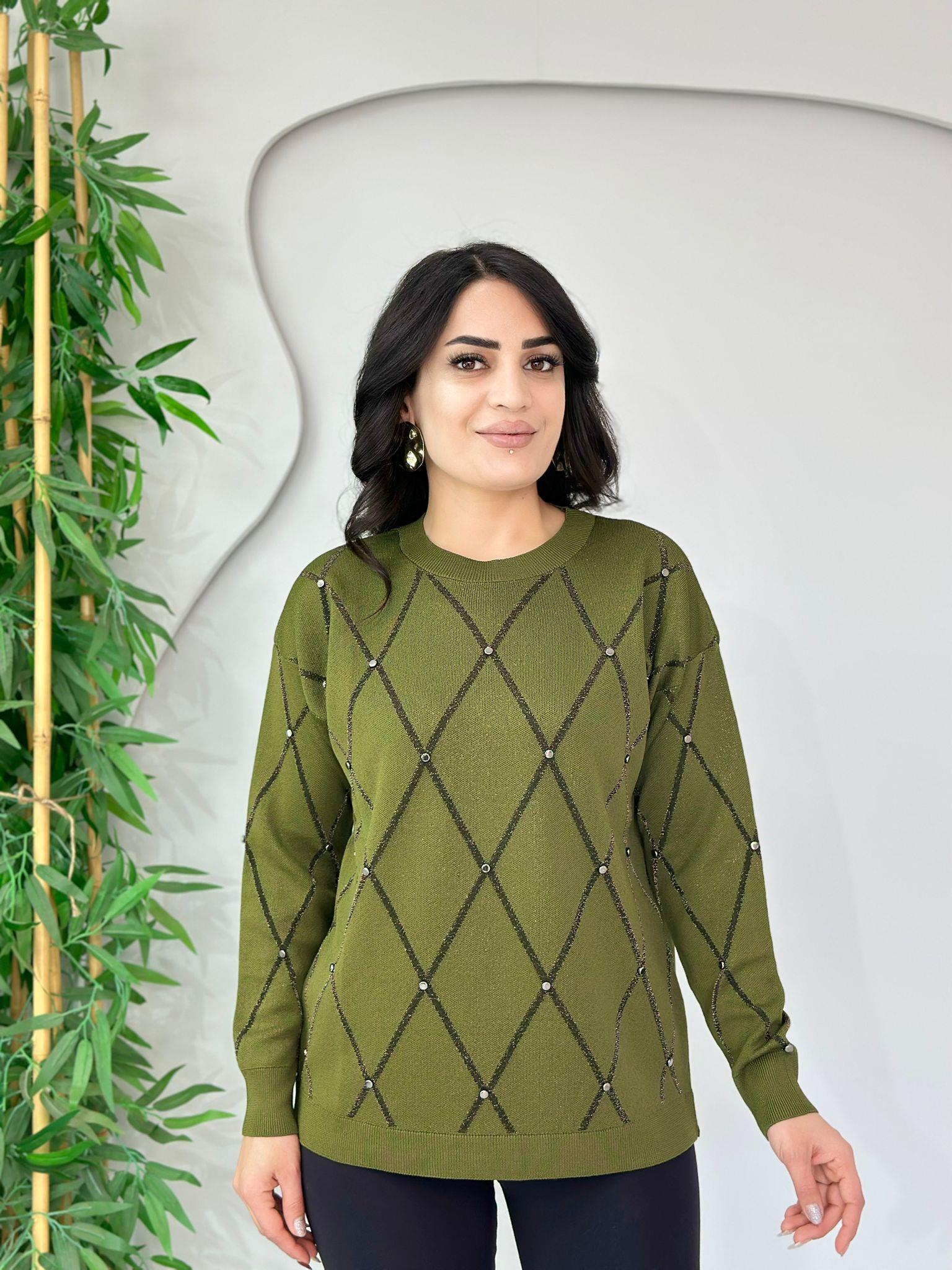 Lava Yağ Yeşili Baklava Desenli Taşlı Triko Bluz A067