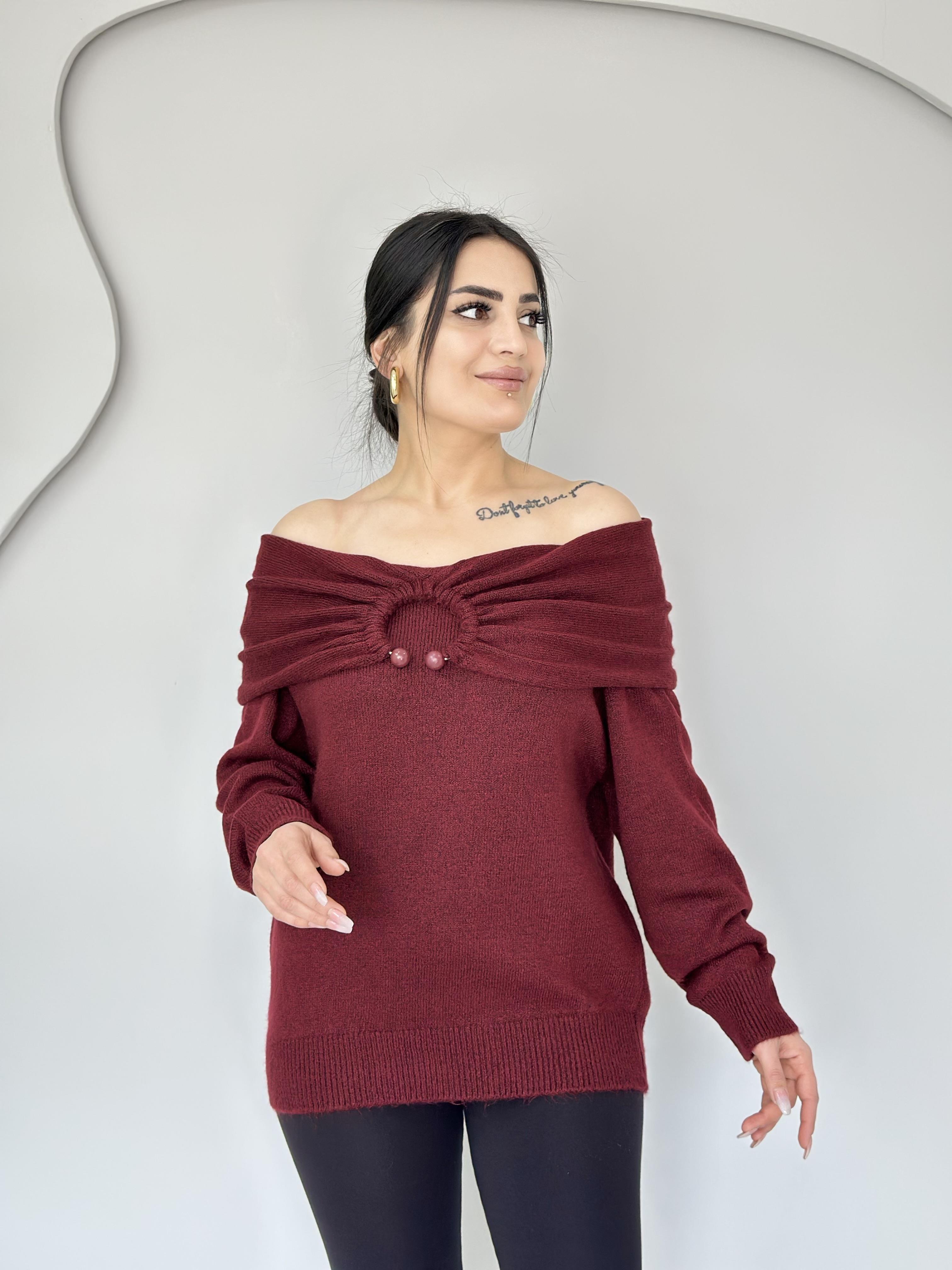 Lavinya Bordo Madonna Yaka Aksesuar Detaylı Triko Bluz C7474