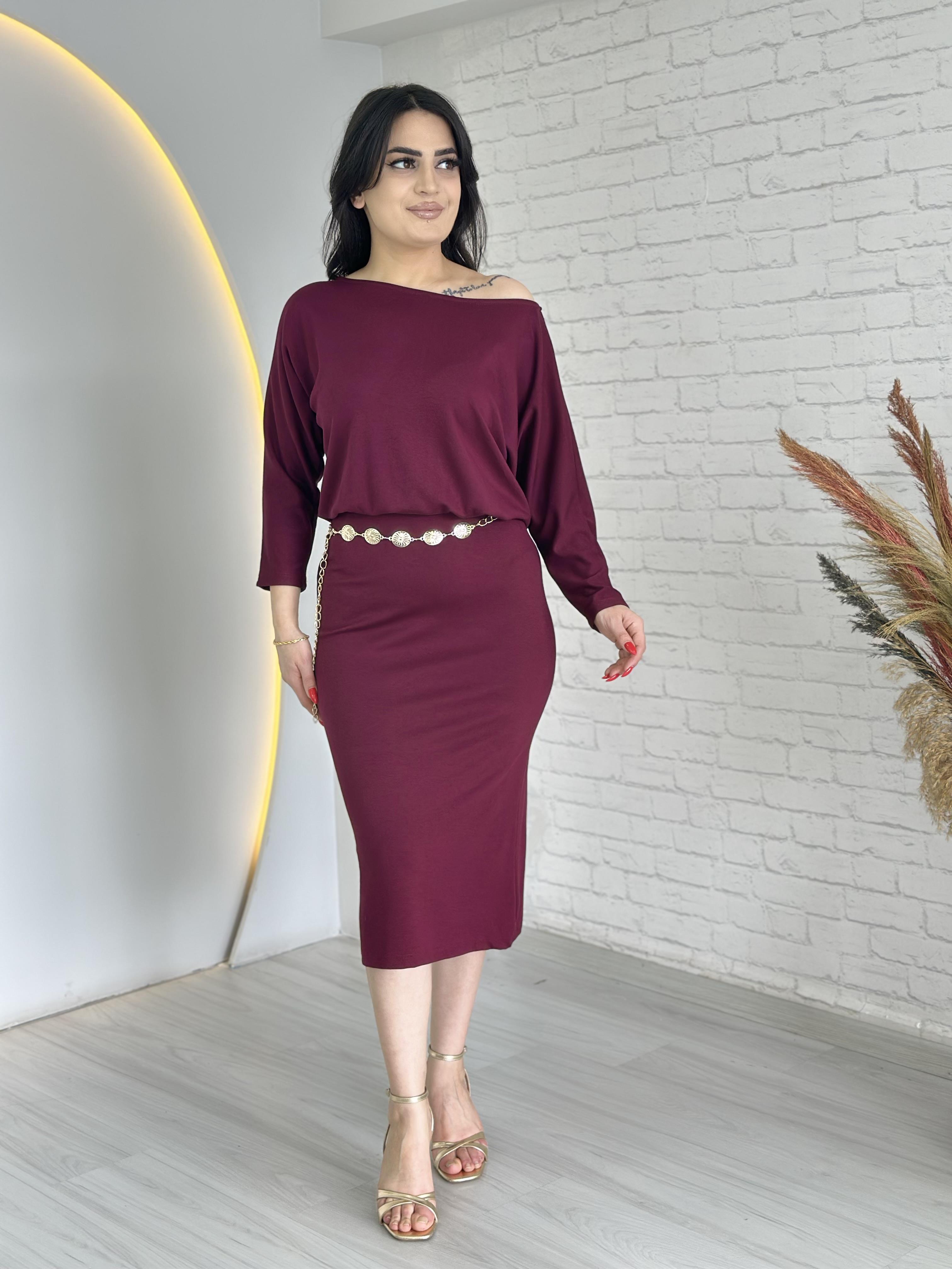 Leno Bordo Kayık Yaka Yarasa Kol Elbise D005