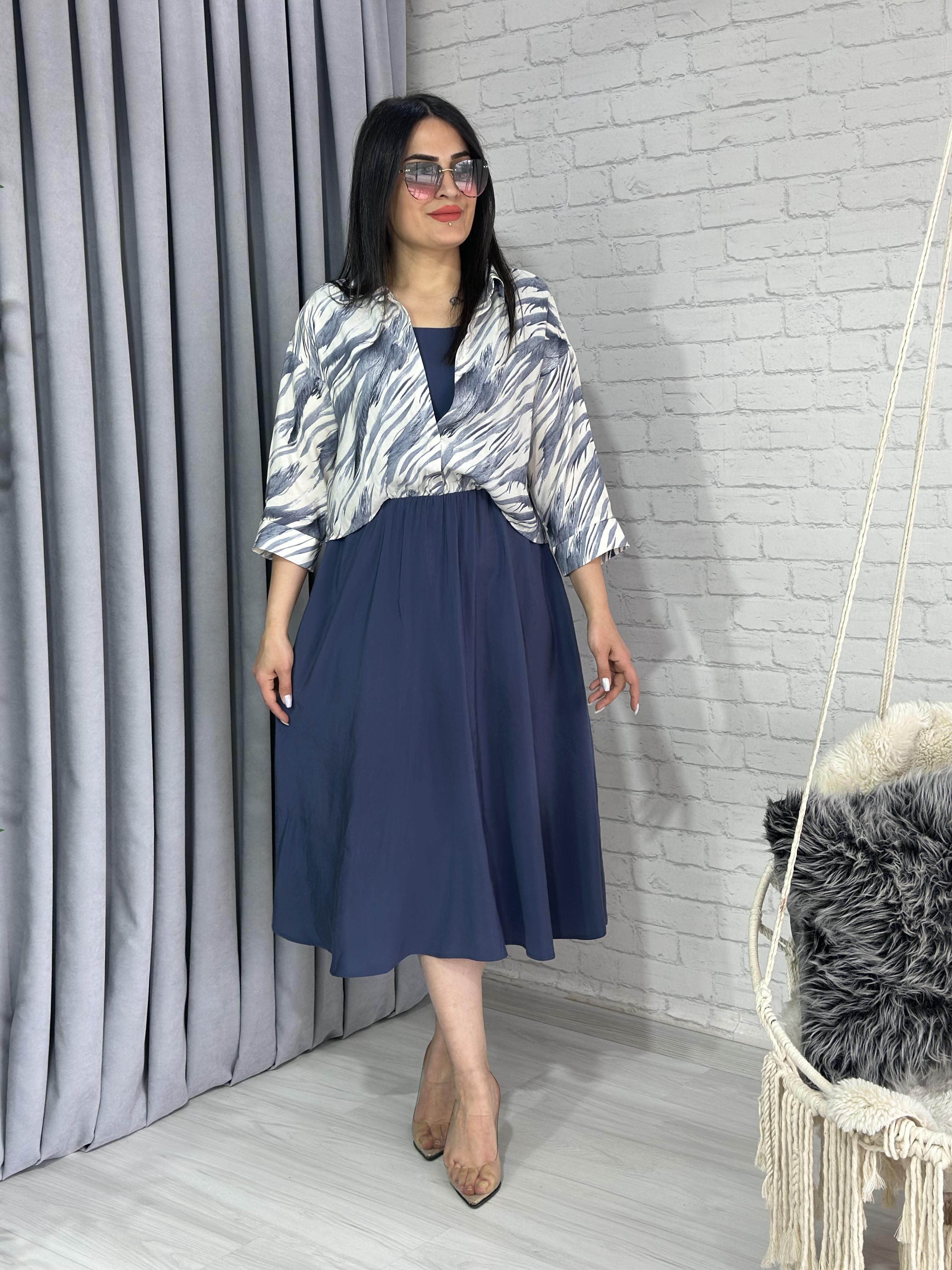 Leno İndigo Mavi Gömlek Detaylı Beli Lastikli Cepli Kloş Elbise A028