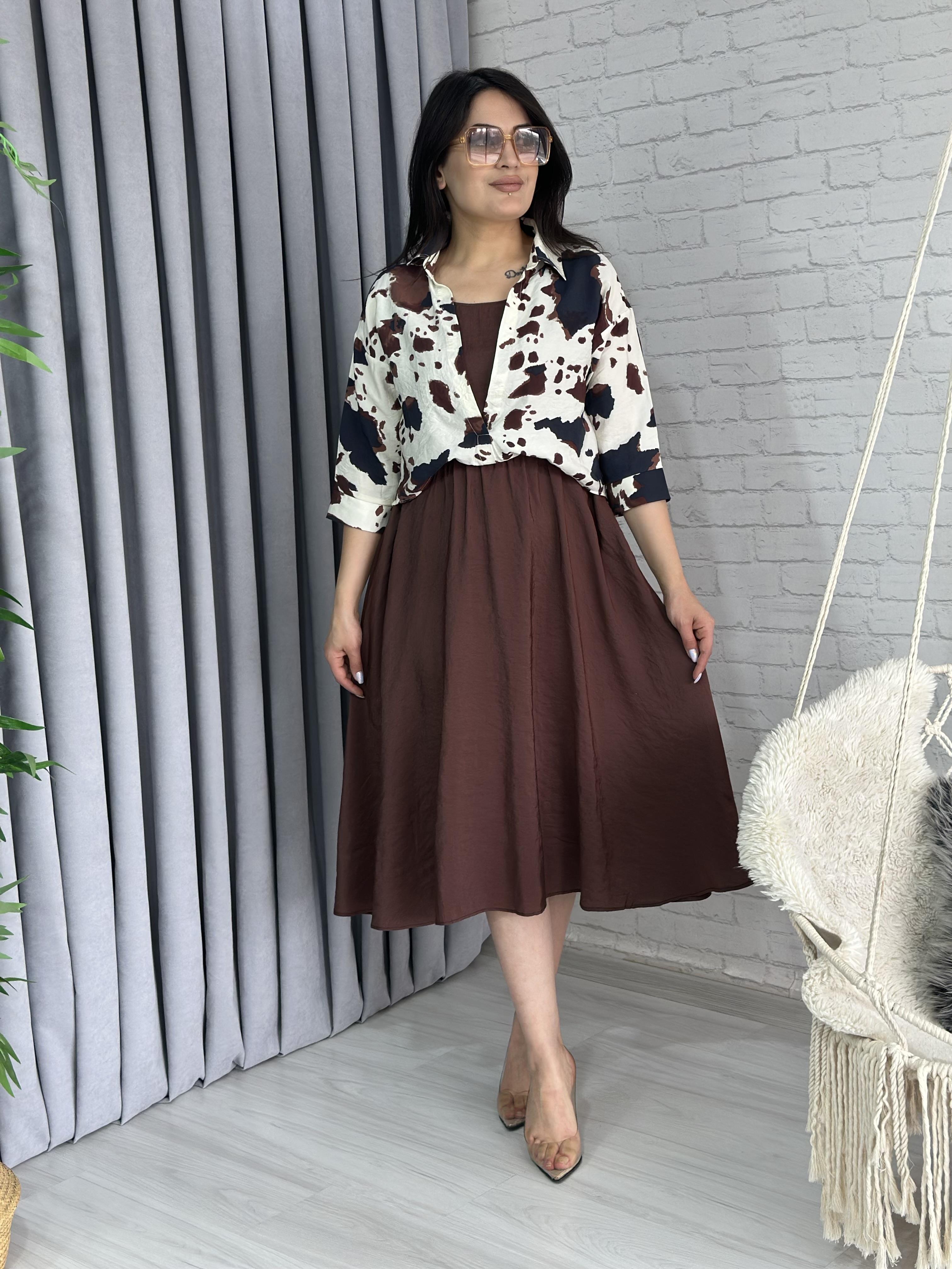 Leno Kahve Leopar Gömlek Detaylı Beli Lastikli Cepli Kloş Elbise