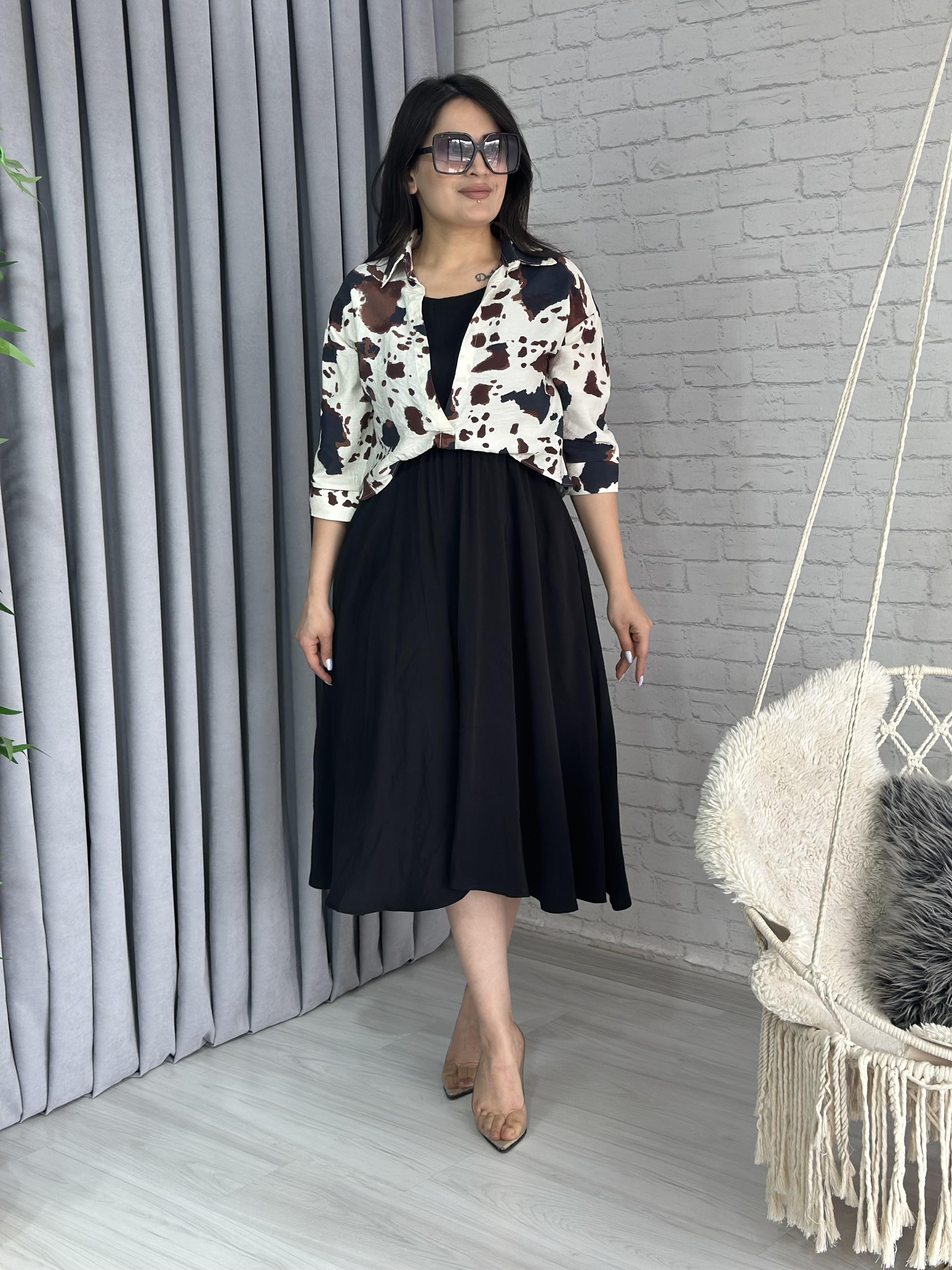 Leno Siyah Leopar Gömlek Detaylı Beli Lastikli Cepli Kloş Elbise A025