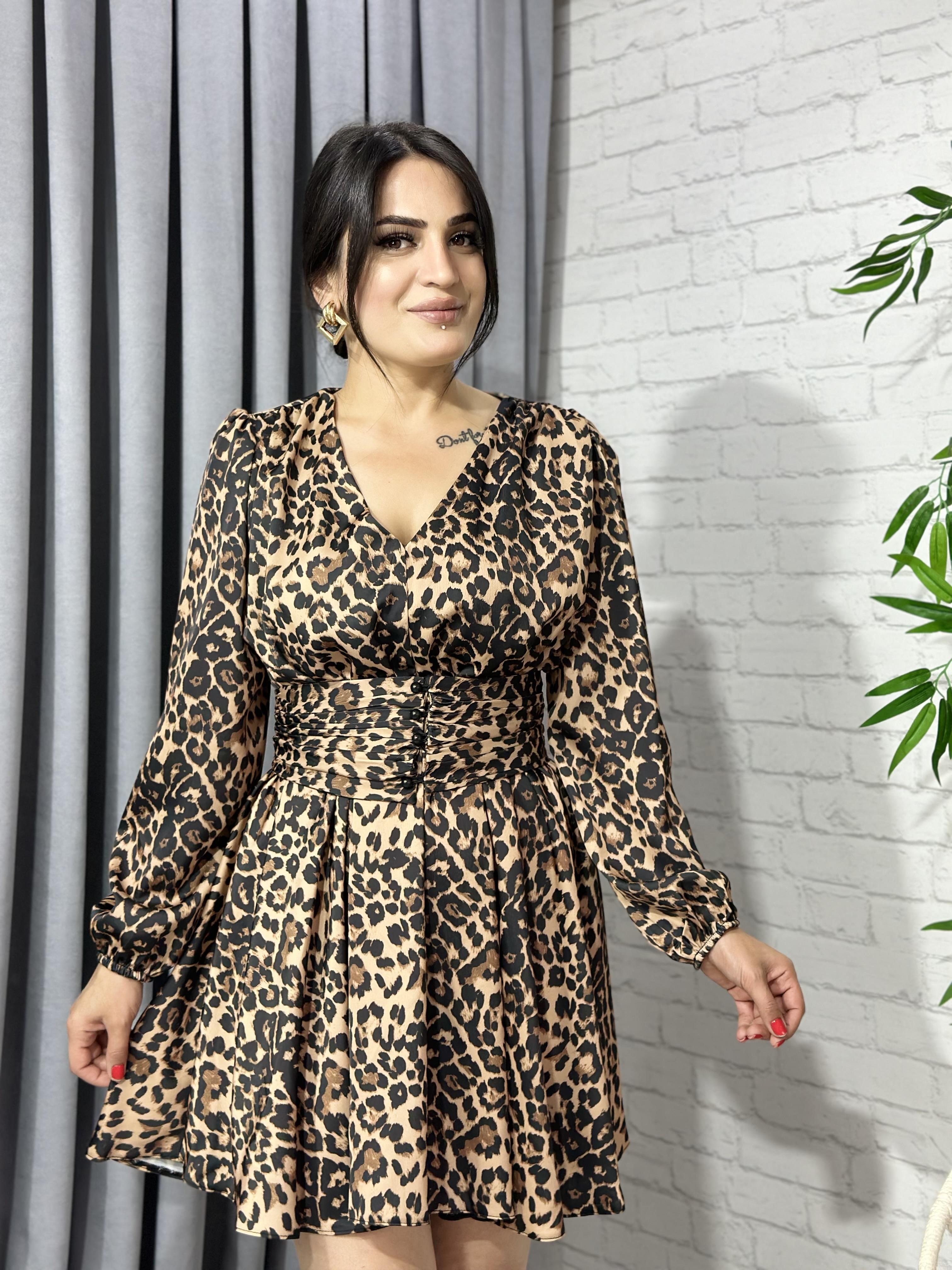 Leopar Desenli Beli Kuşaklı Orjinal Elbise