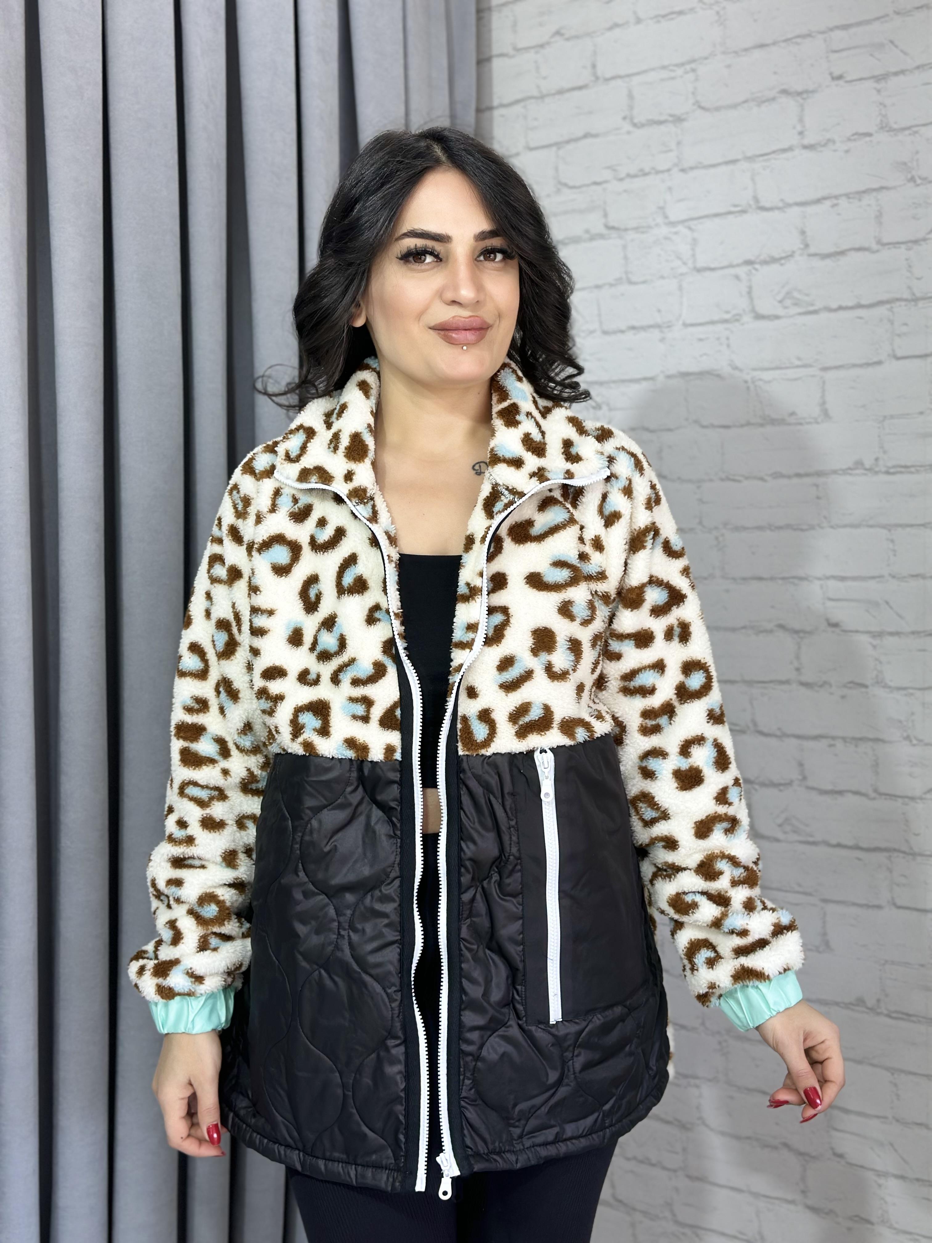 Leopar Mavi Fermuarlı Cepli Hırka Mont 