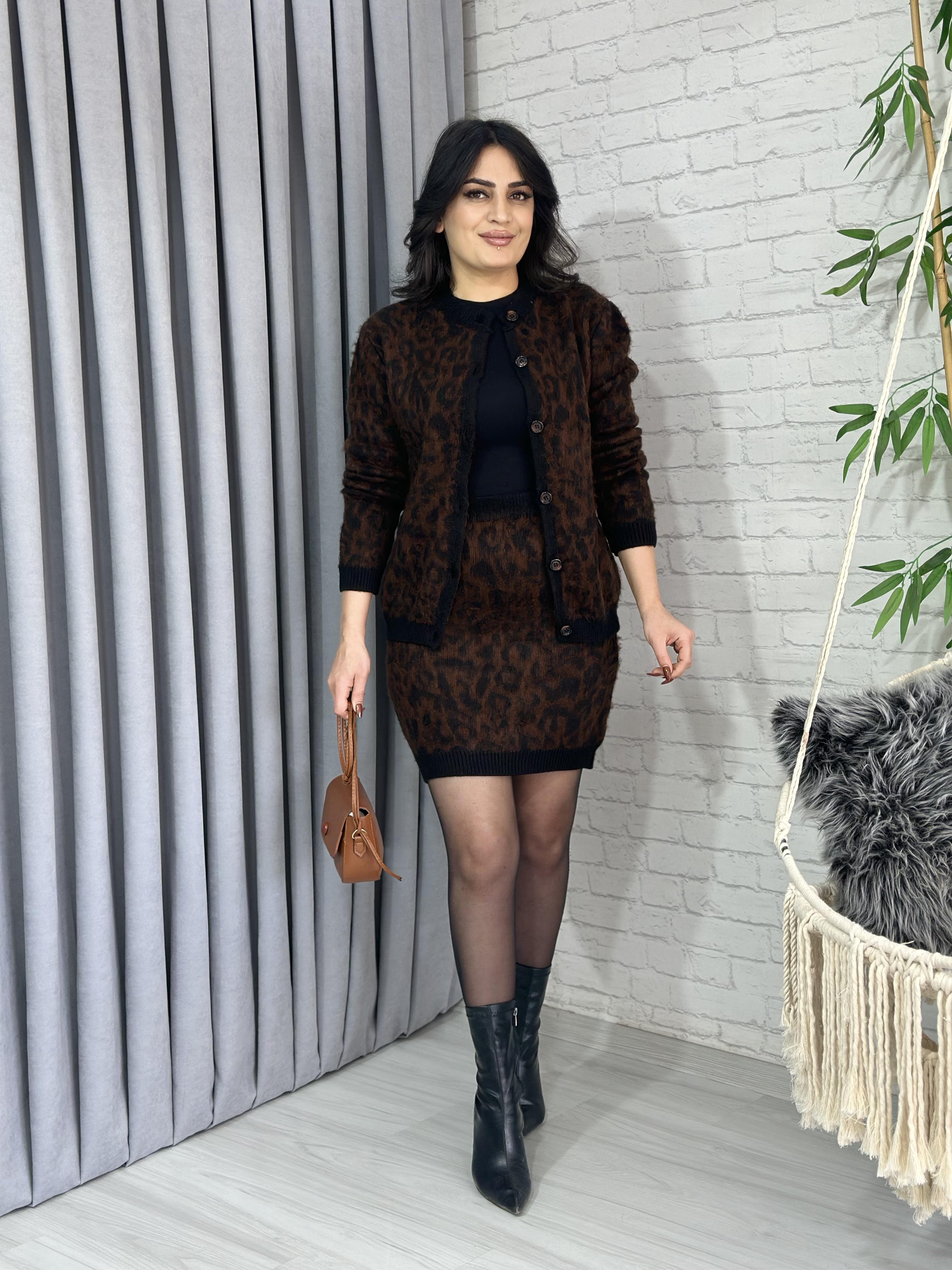 Leopar Yün Hırka Etek Hırka İkili Triko Takım