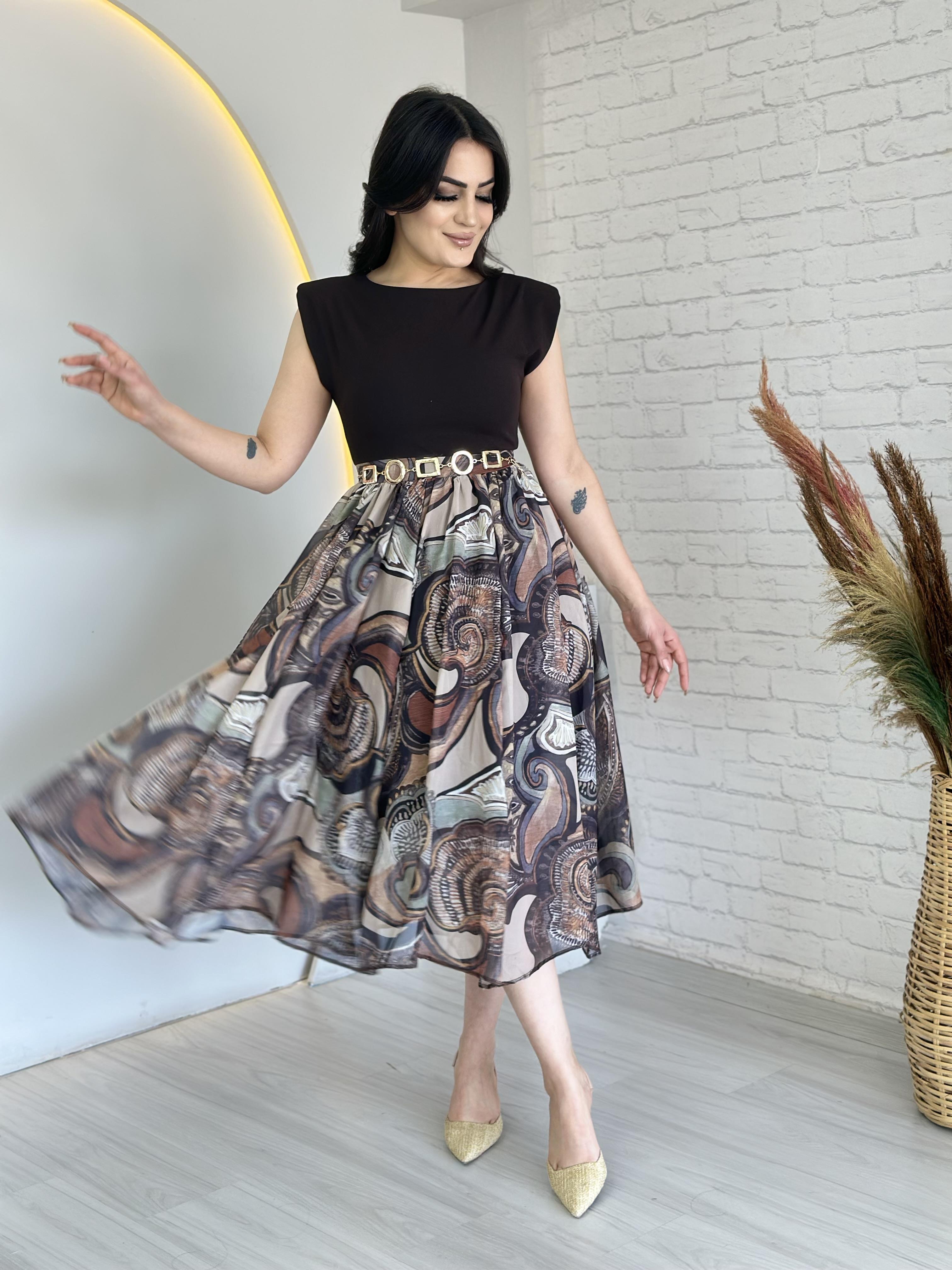 Leta Kahve Desen Vatkalı Sifon Astarlı Midi Boy Kemerli Elbise D040