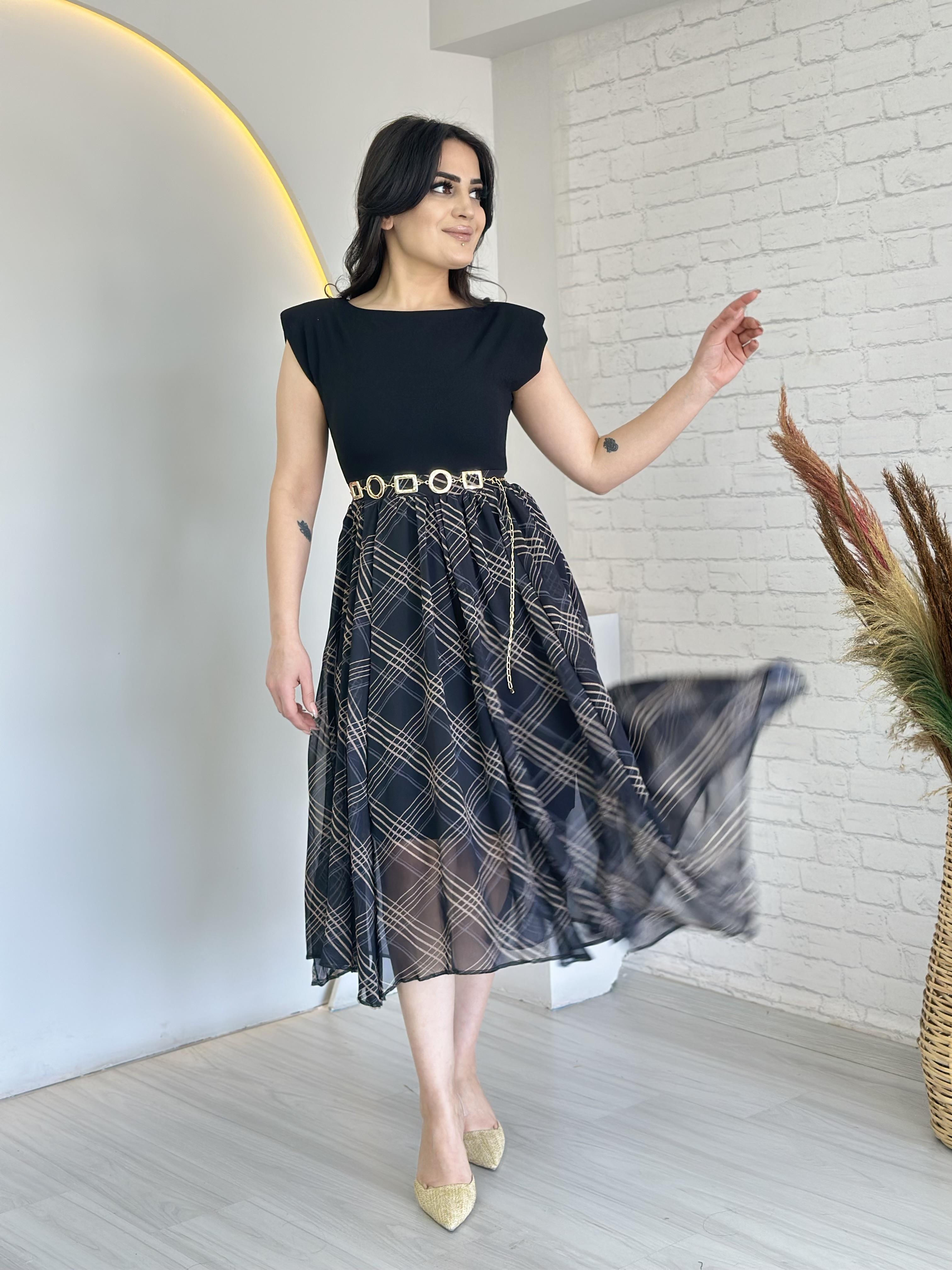 Leta Siyah Desen Vatkalı Sifon Astarlı Midi Boy Kemerli Elbise D040