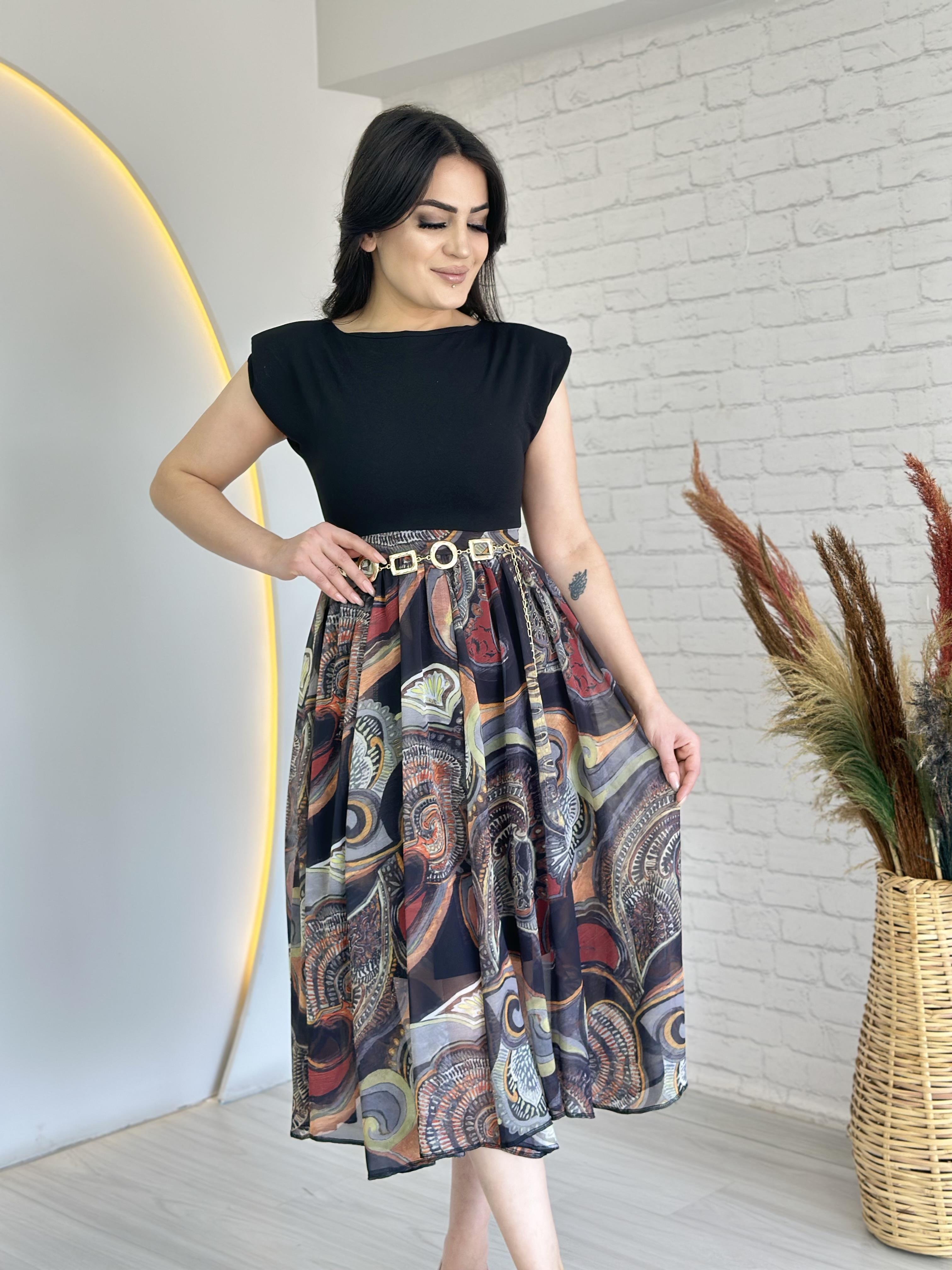 Leta Siyah Turuncu Desen Vatkalı Sifon Astarlı Midi Boy Kemerli Elbise D040 