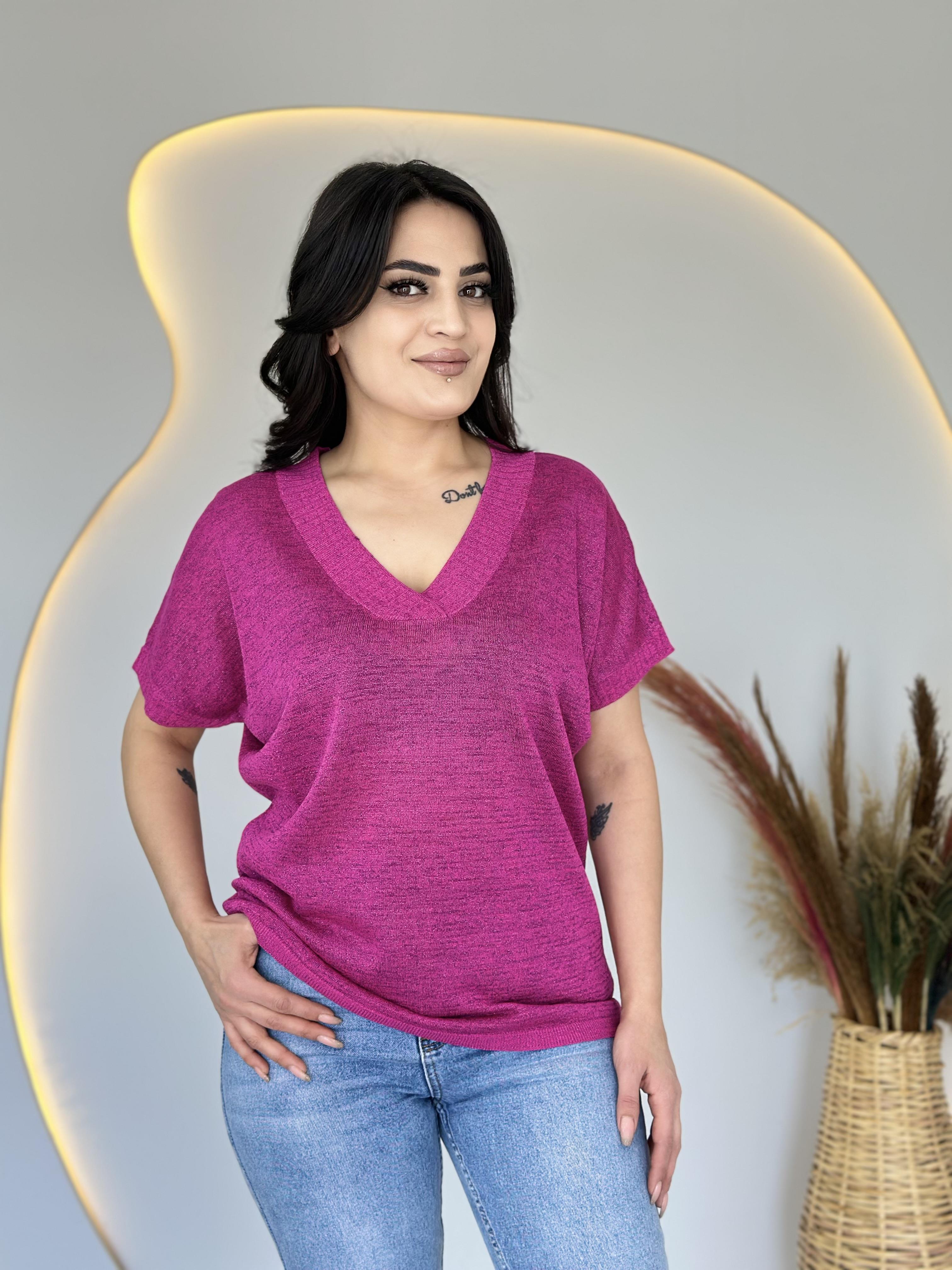 Lily Fuşya V Yaka Simli Bluz D034