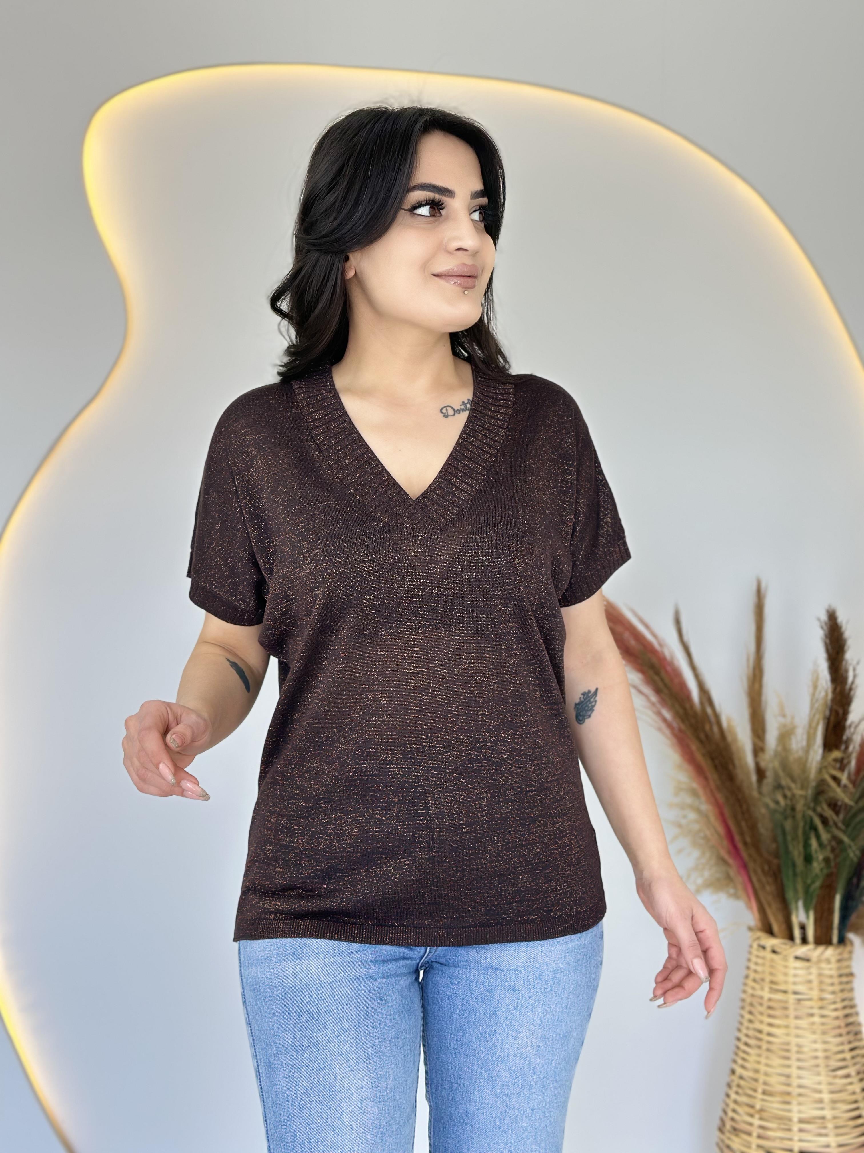 Lily Kahve V Yaka Simli Bluz D034