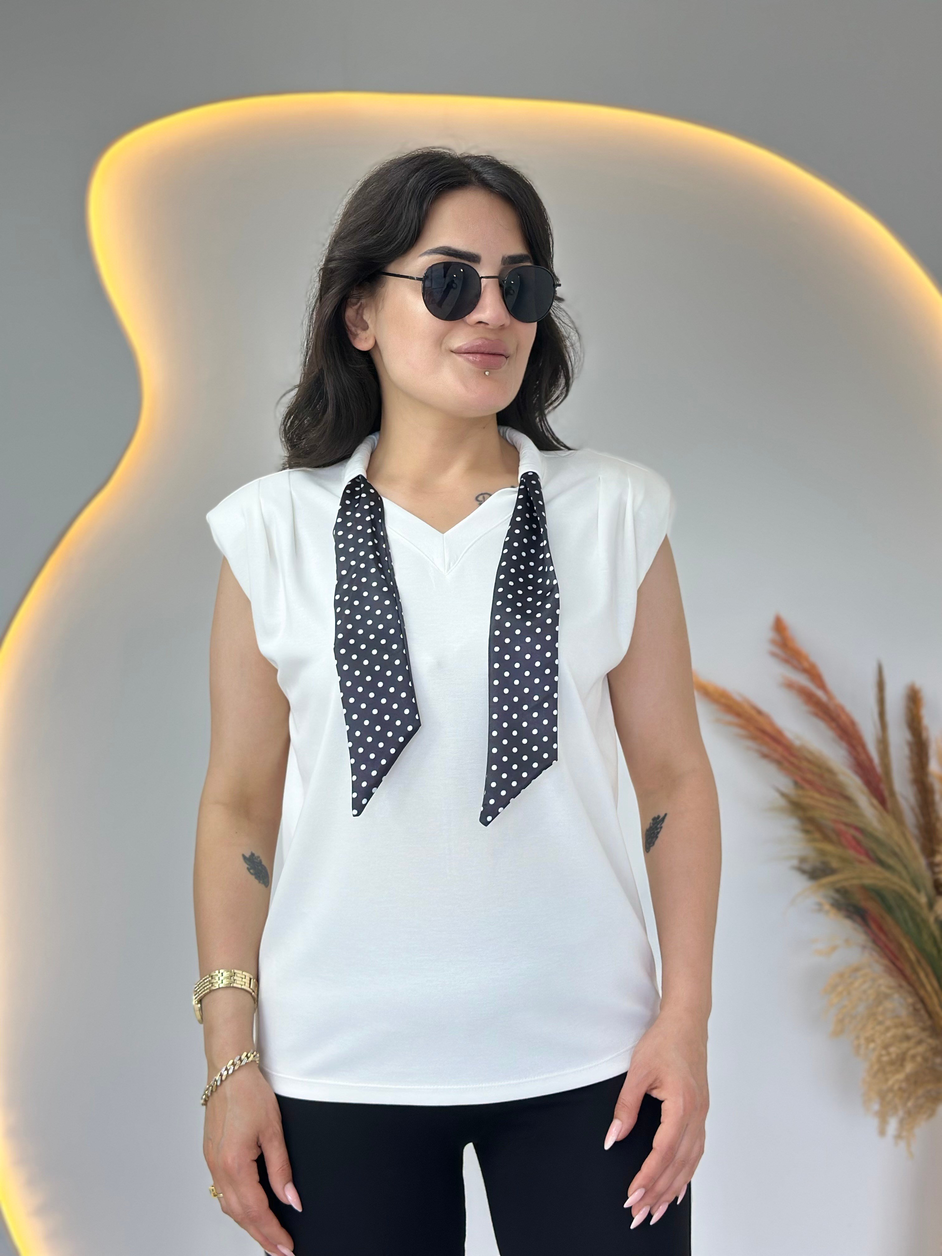 Lite Beyaz V Yaka Fular Detaylı Vatkalı Bluz D139