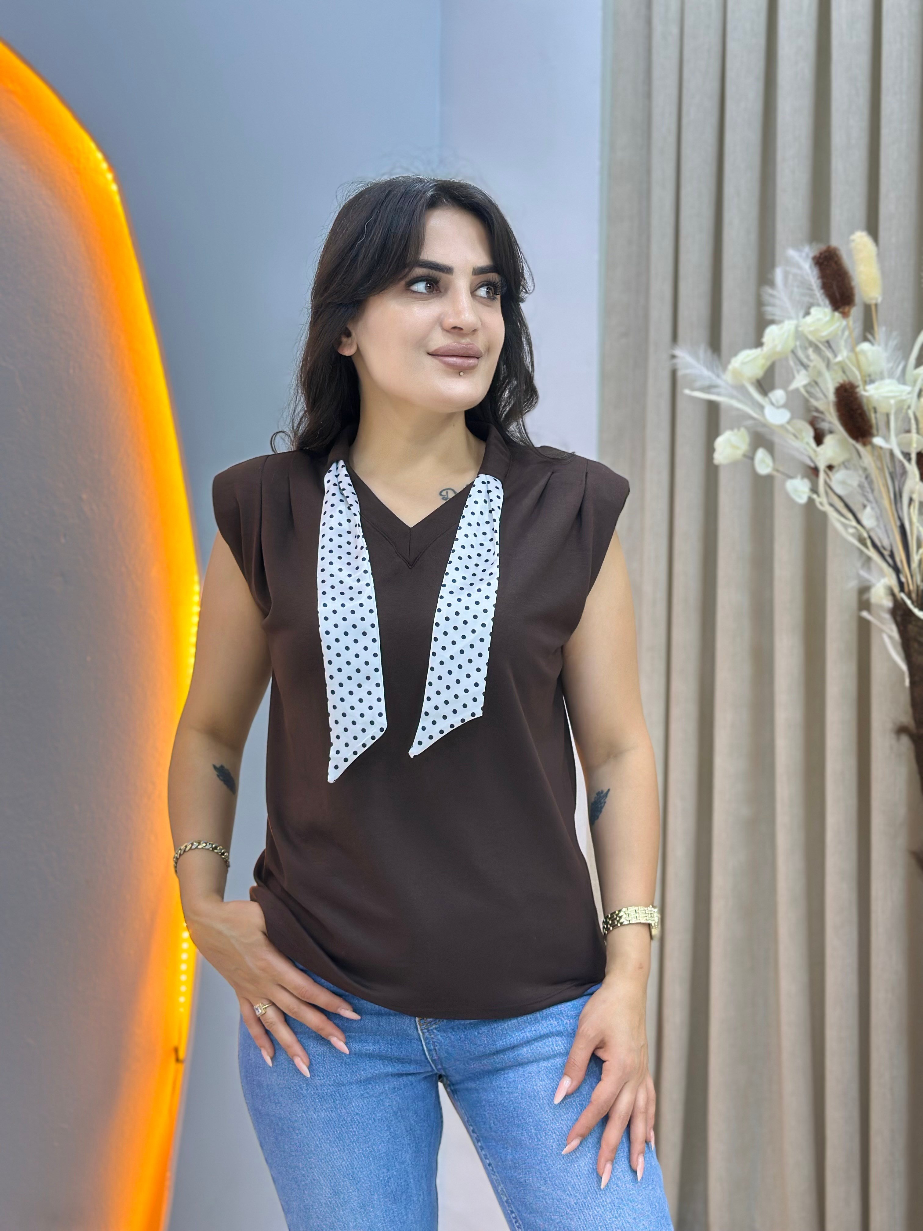 Lite Kahve V Yaka Fular Detaylı Vatkalı Bluz D139