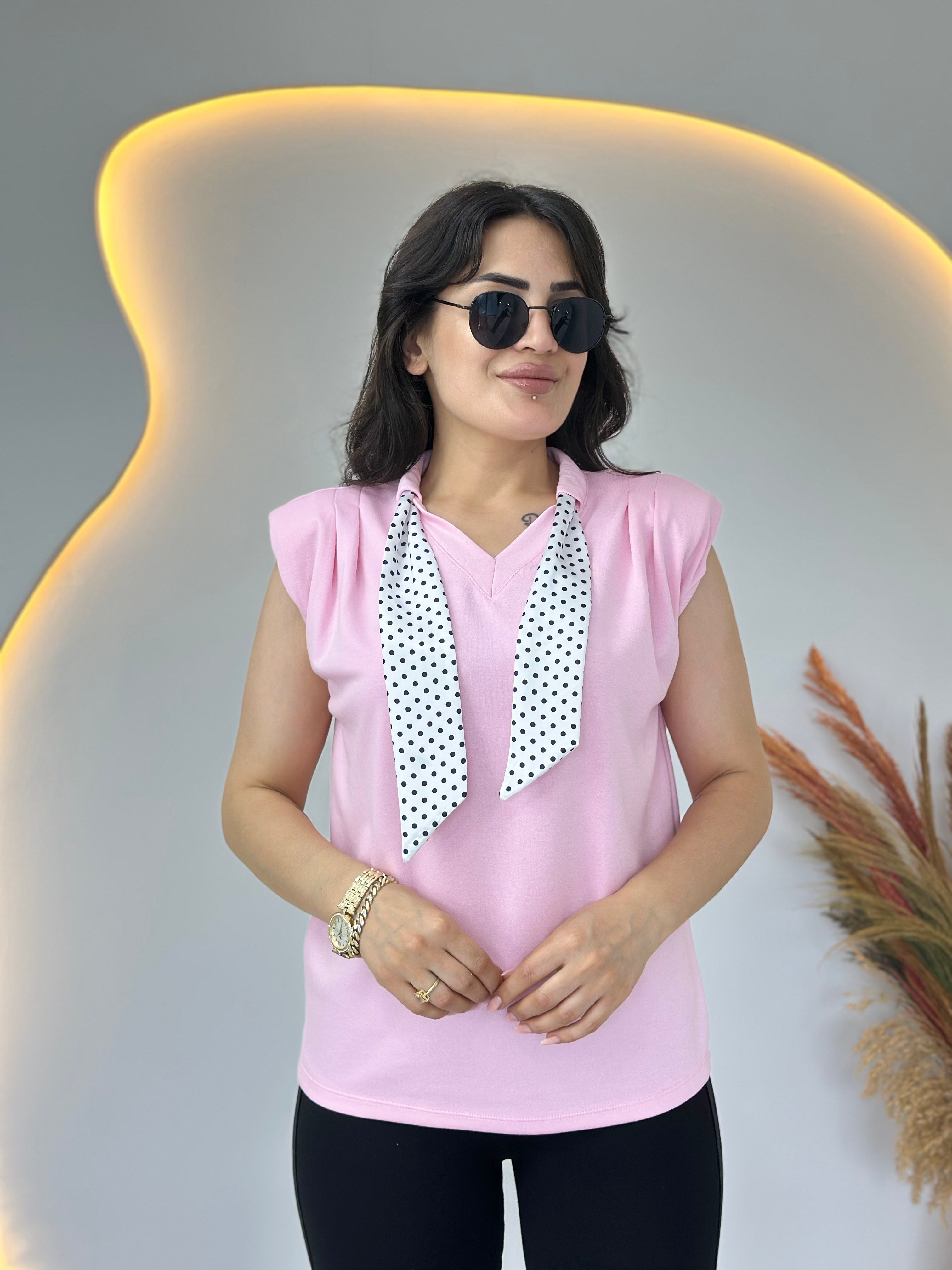 Lite Pembe V Yaka Fular Detaylı Vatkalı Bluz D139