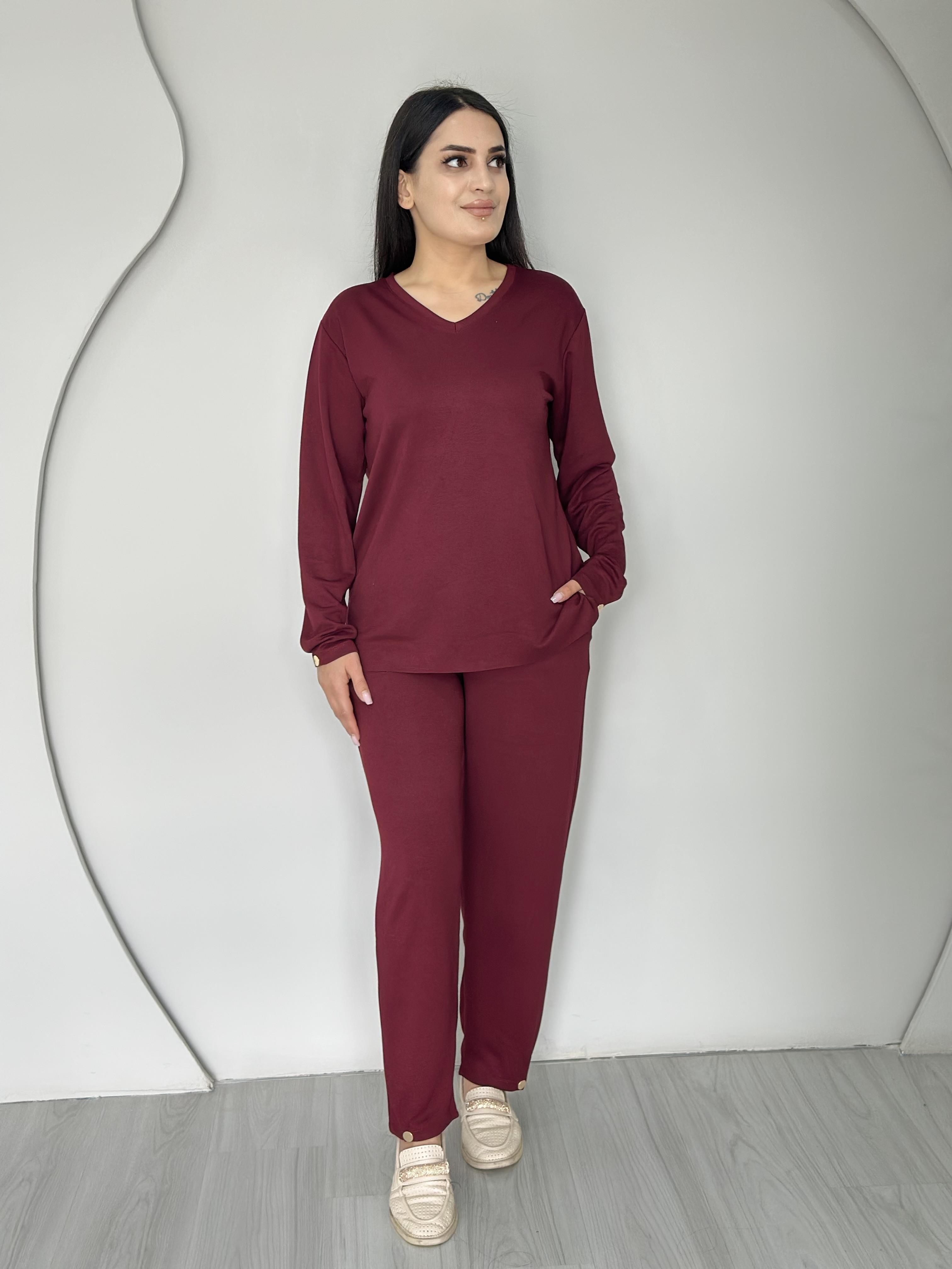 Logi Bordo V Yaka İpek Modal Kumaş Kolu Paçası Çıtçıtlı Takım A104