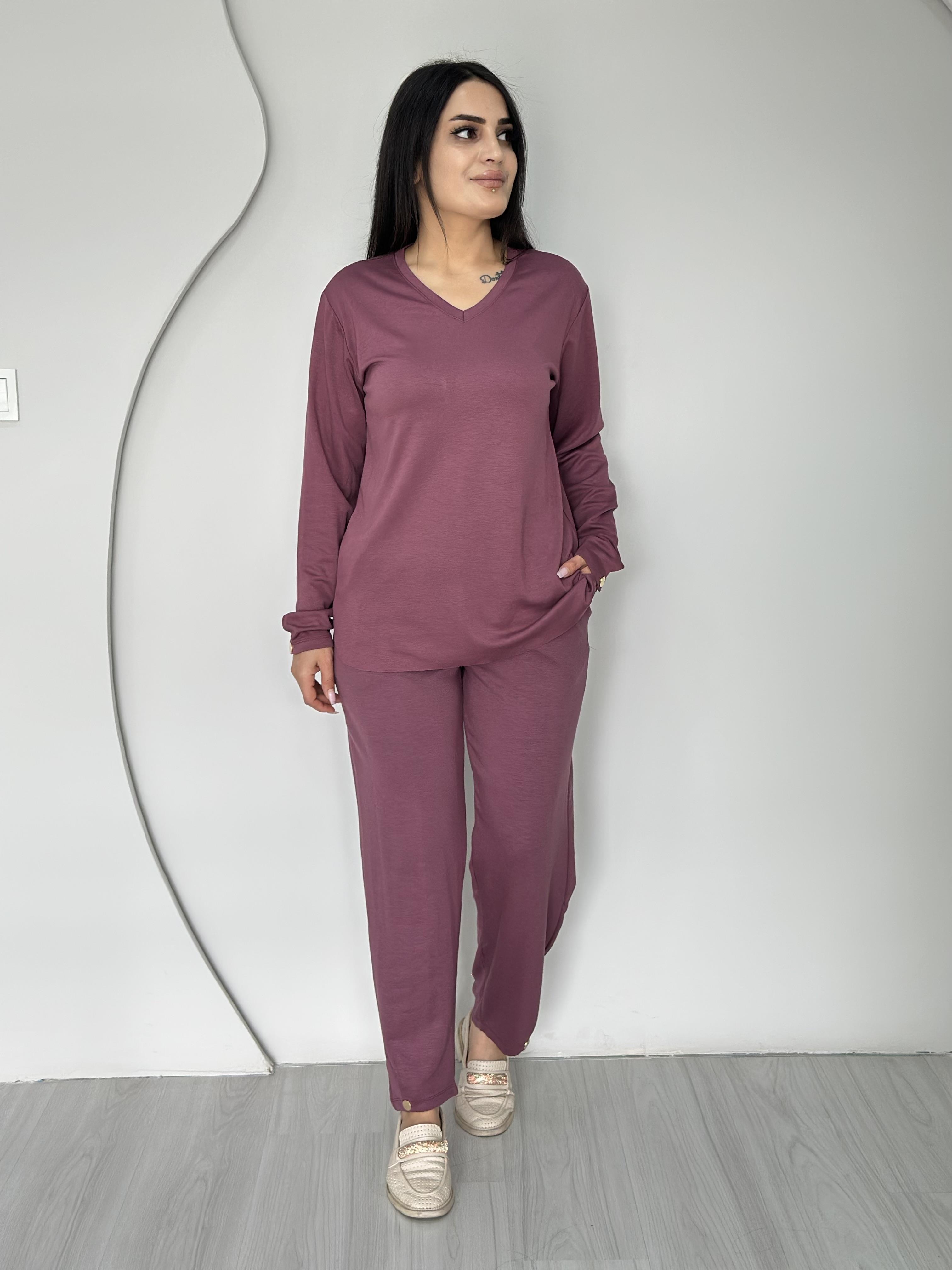 Logi Mürdüm V Yaka İpek Modal Kumaş Kolu Paçası Çıtçıtlı Takım A102