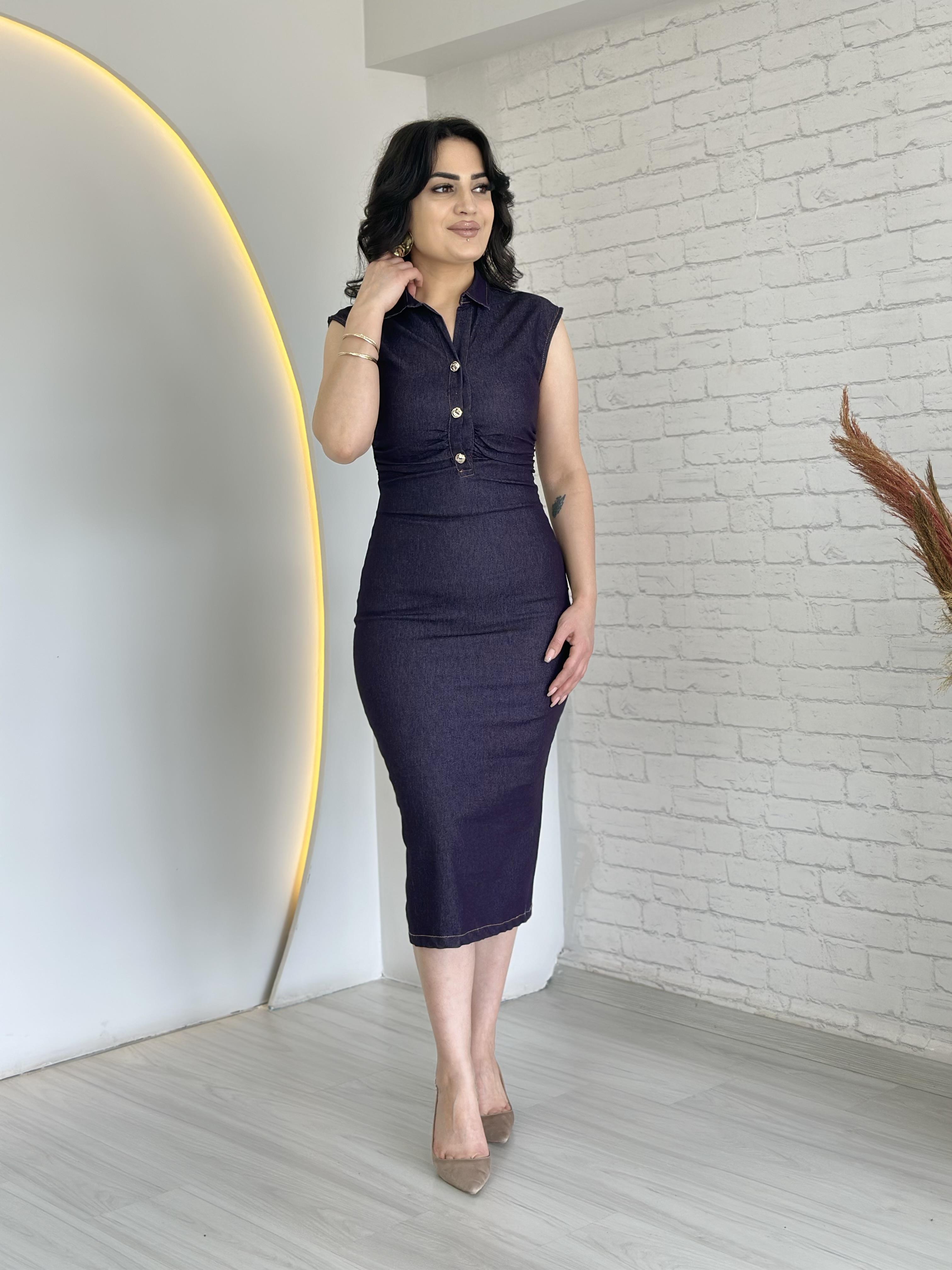 Look Mor Eskitme Drape Detaylı Likralı Denim Elbise D051