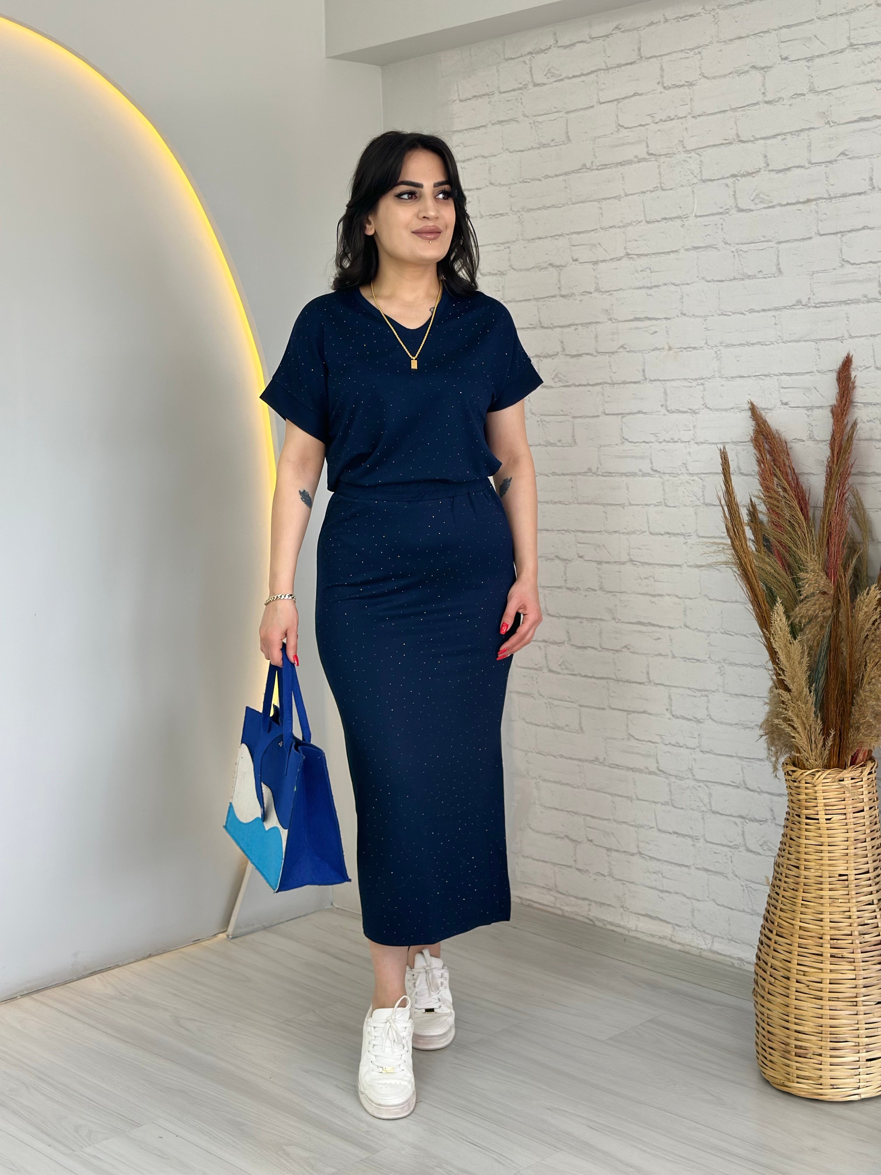 Los Lacivert V Yaka Taş Baskı Detaylı Bel Lastikli Yırtmaçlı Etek Üst Takım D093  