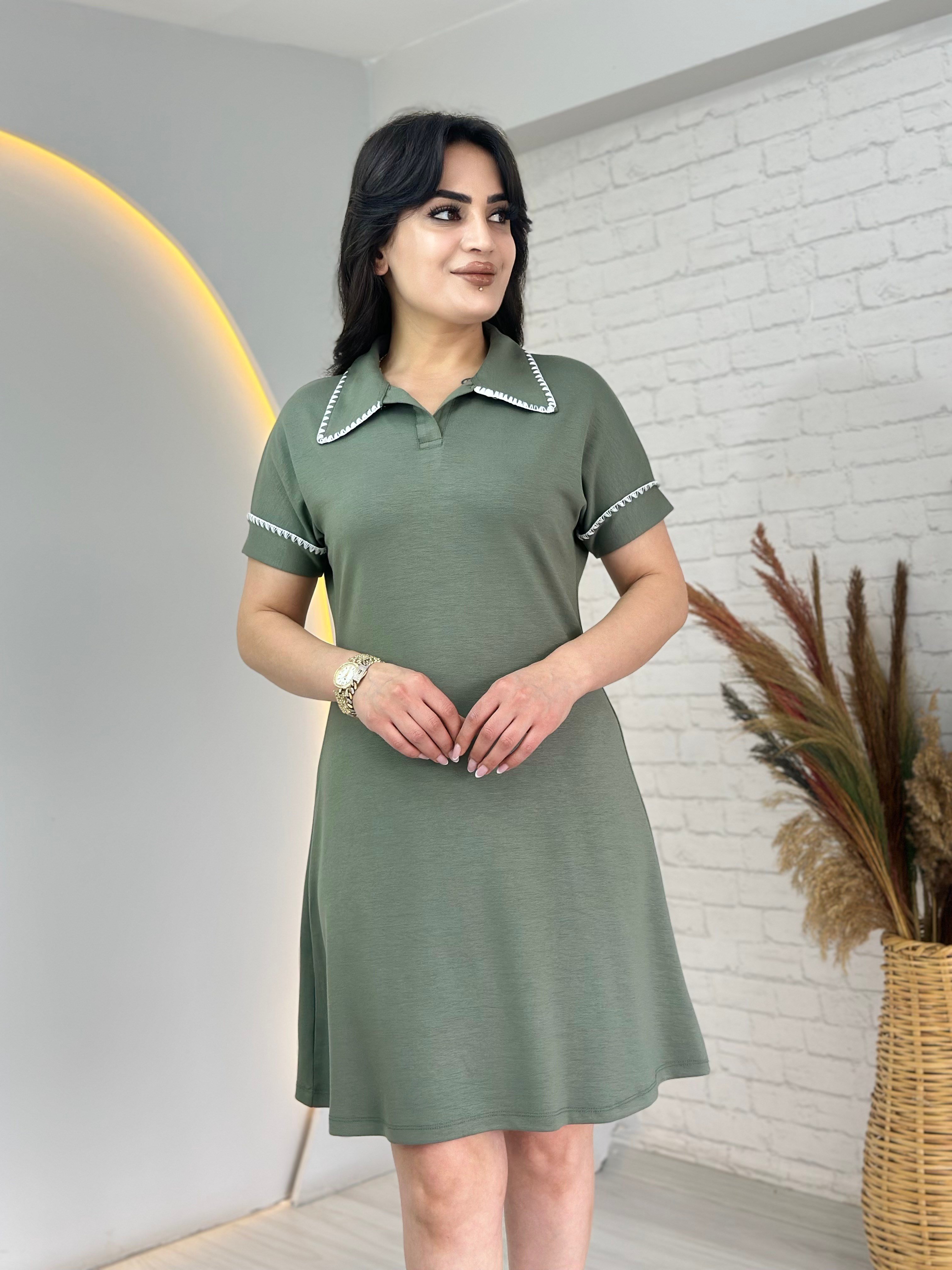 Love Mint Yeşili Polo Yaka Kroşetalı İpekli Dokuma Elbise D124