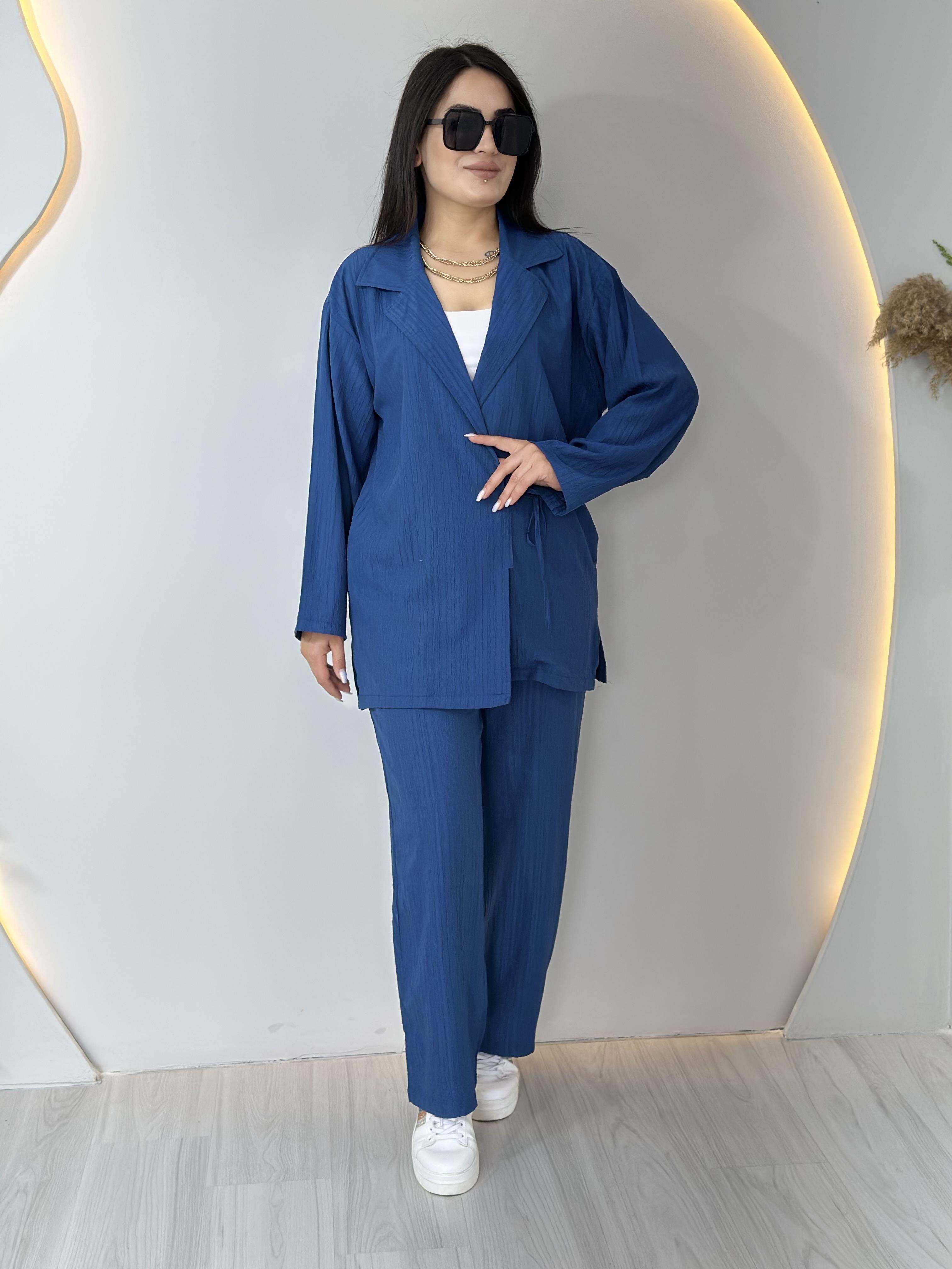 Luna İndigo Mavi Yan Bağlamalı Kimono Takım A060