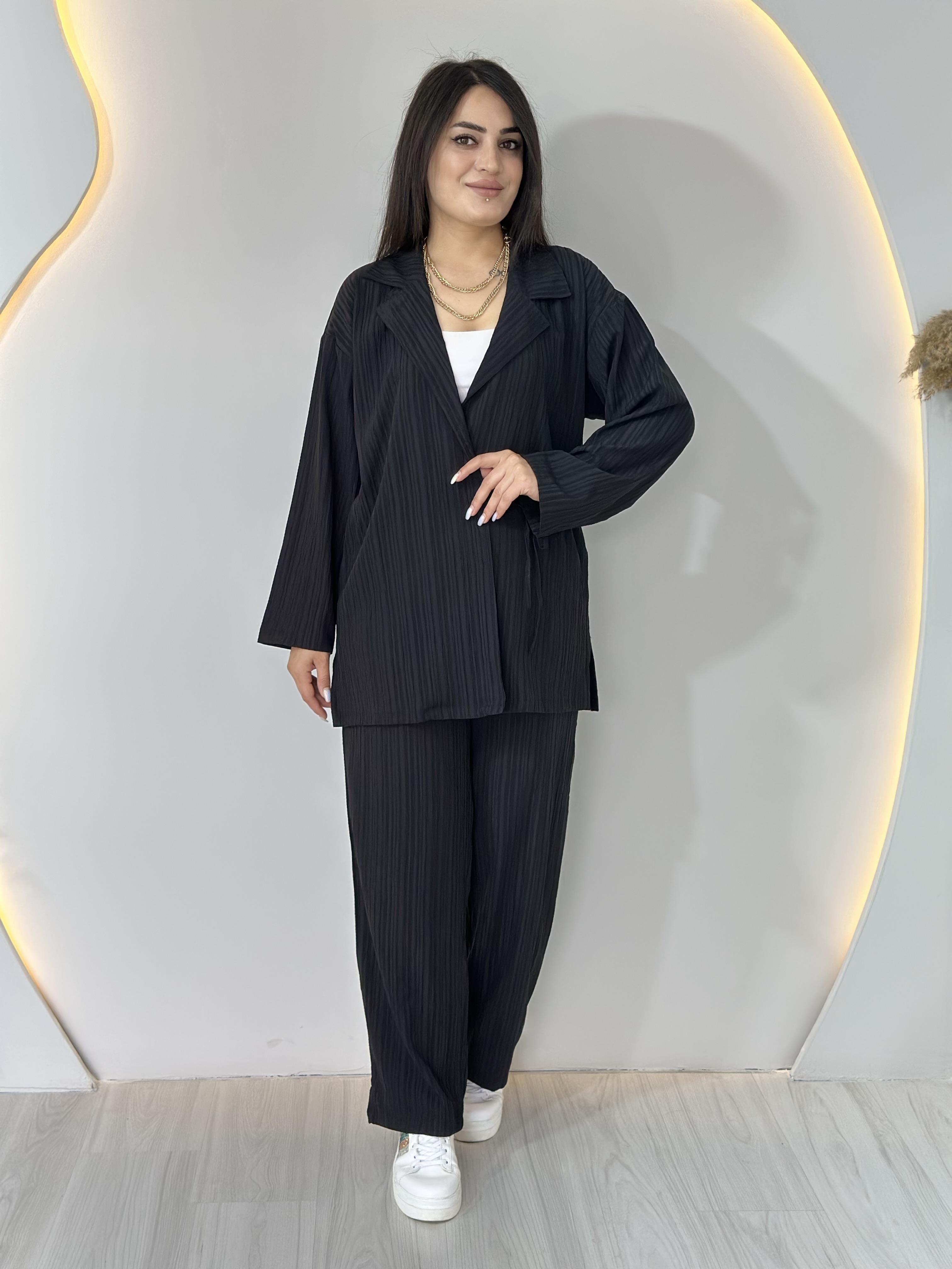 Luna Siyah Yan Bağlamalı Kimono Takım A063