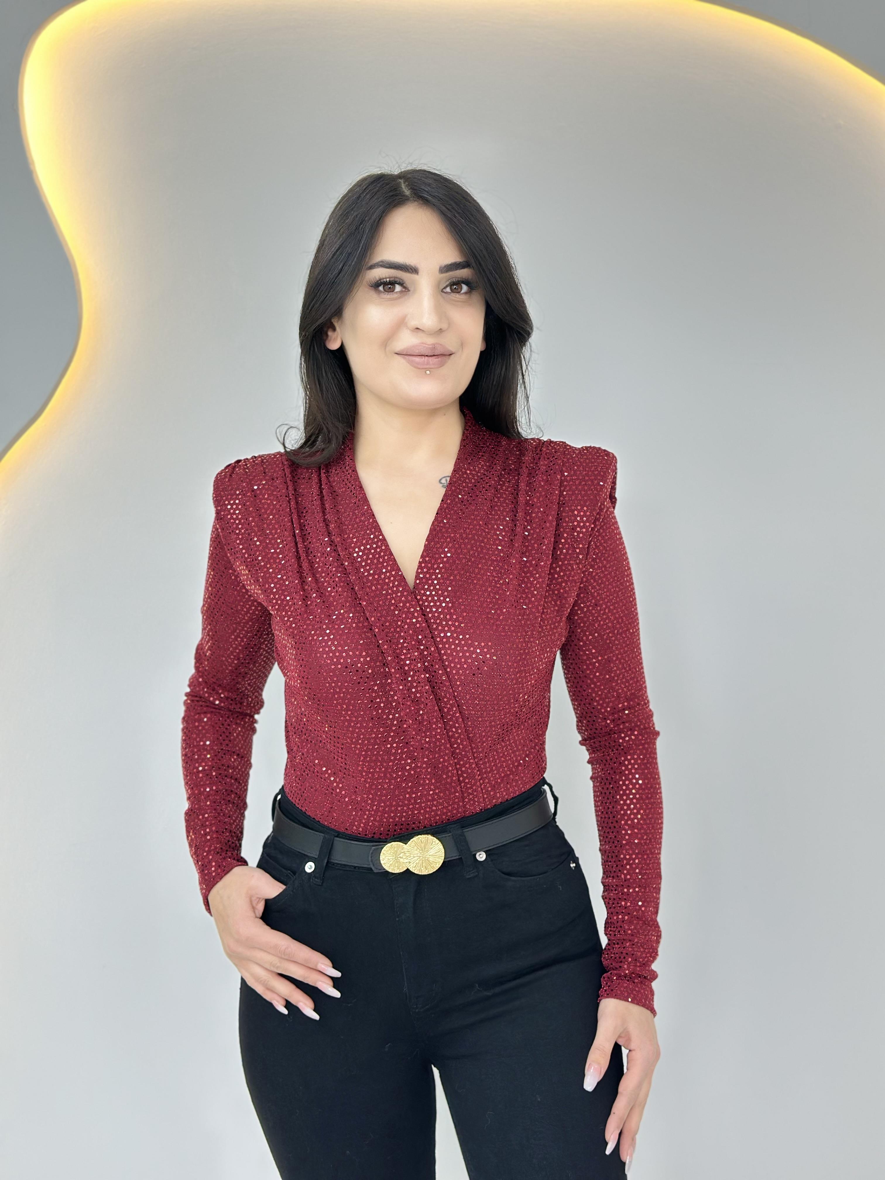 Lune Bordo Kruvaze Yaka Vatkalı Payetli Bodysuit A555