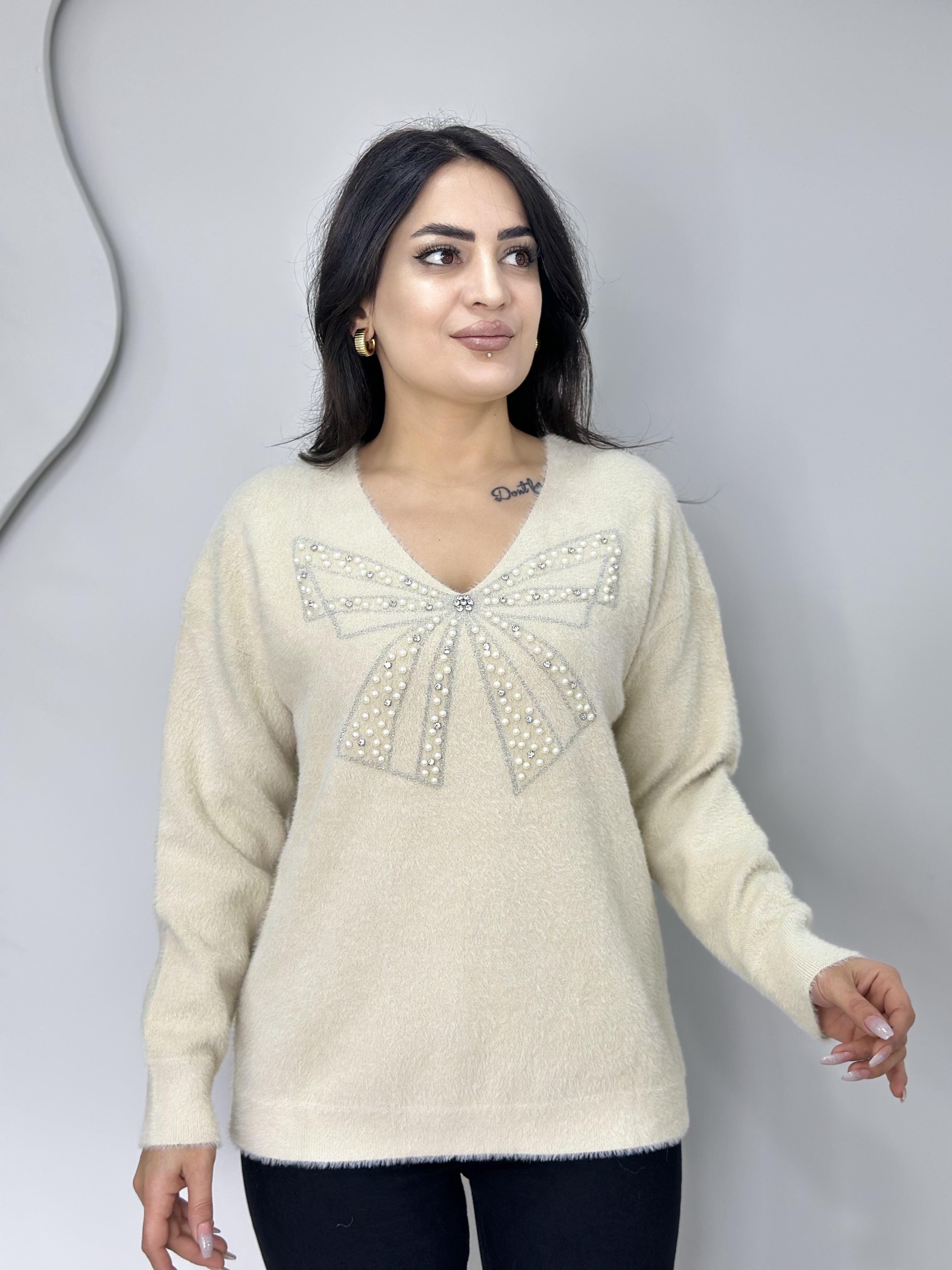 Luxe Ekru İncili V Yaka Sakallı Triko Bluz A300