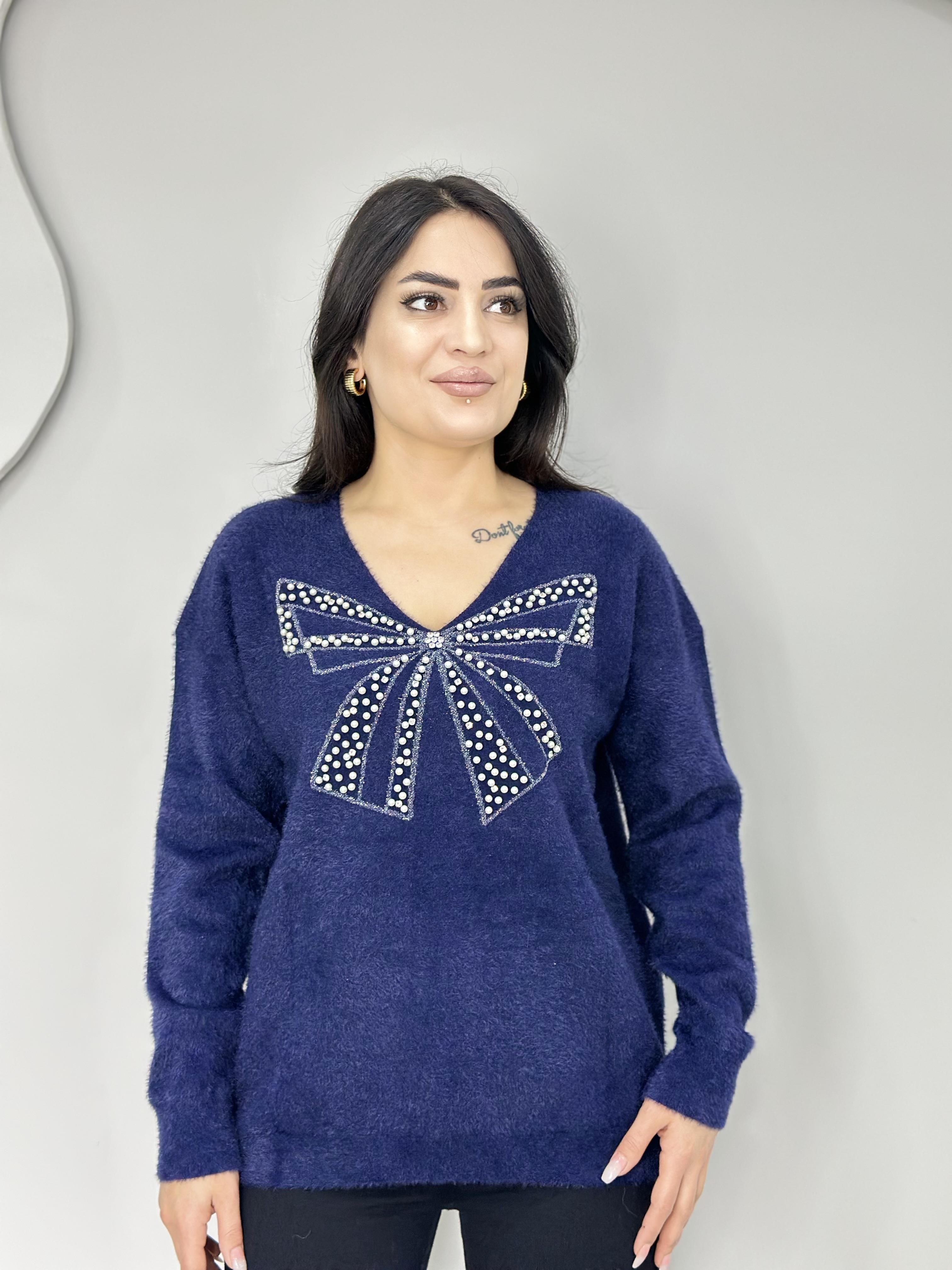 Luxe Lacivert İncili V Yaka Sakallı Triko Bluz A300