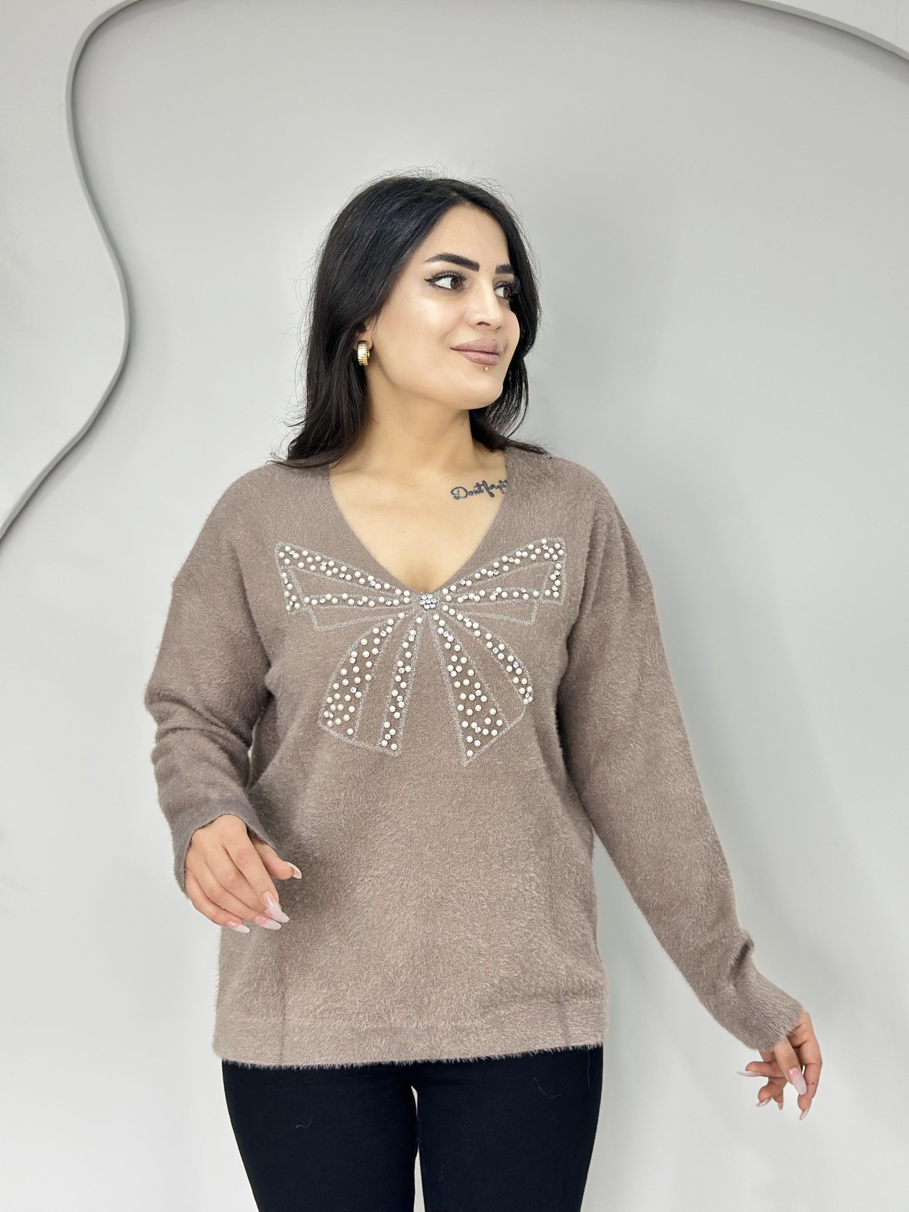 Luxe Vizon İncili V Yaka Sakallı Triko Bluz A300