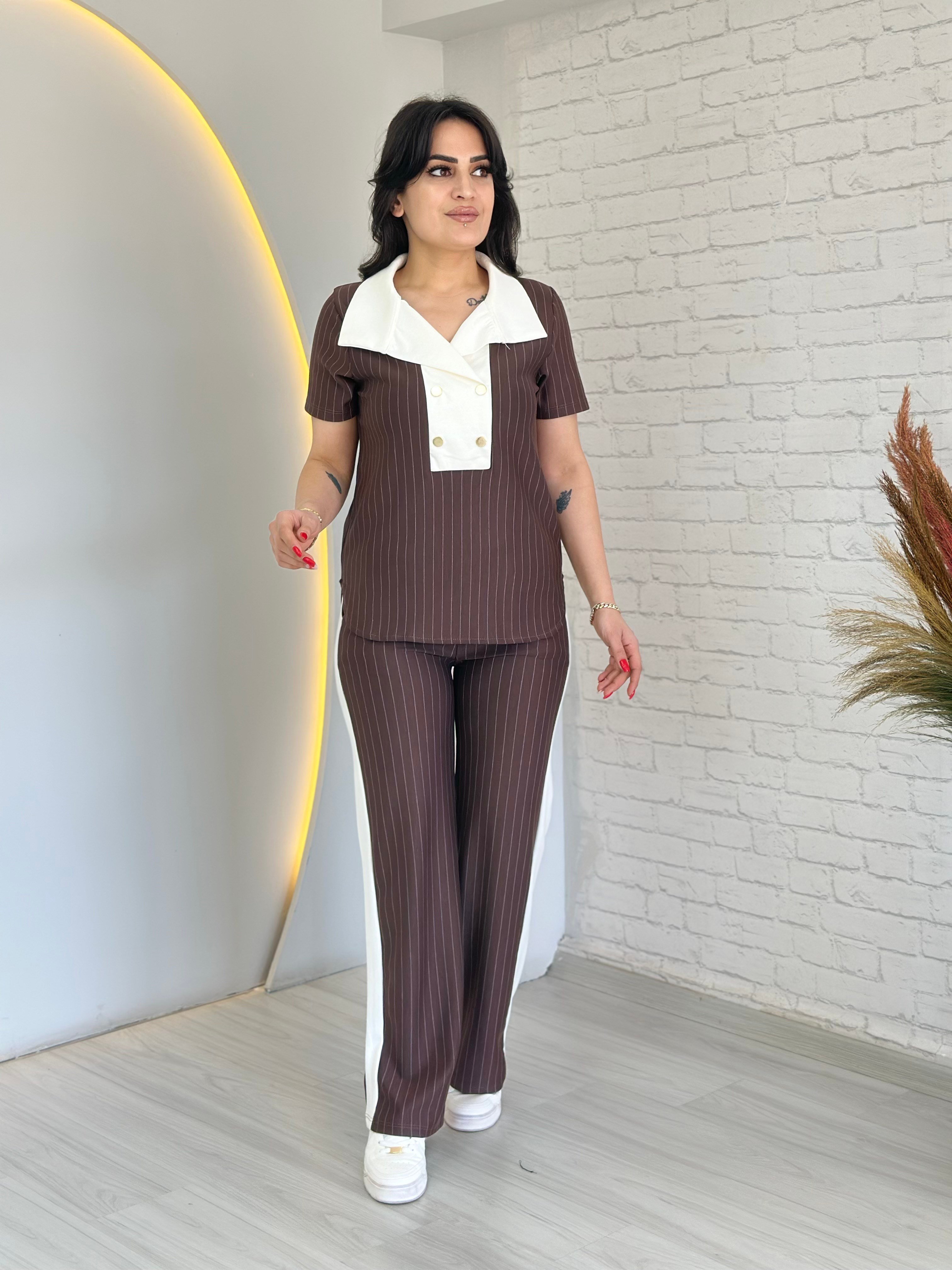 Magar Kahve Kontrast Yakalı Çıtçıt Detaylı Çizgili İkili Takım D077